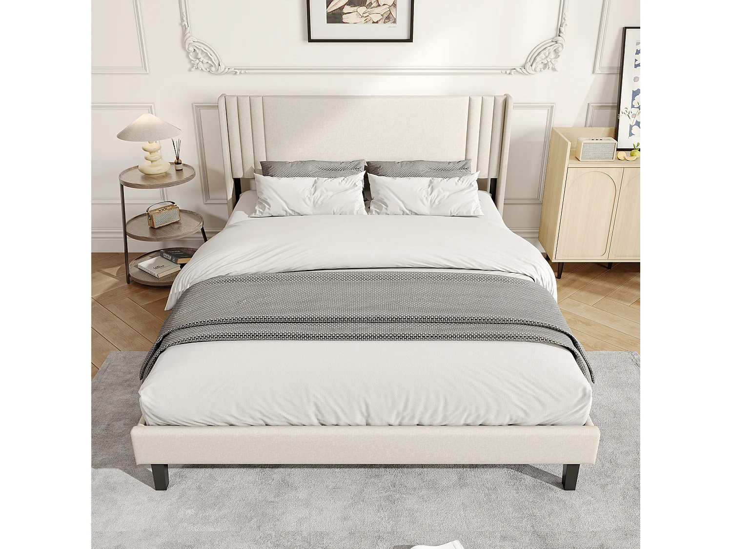 Lit double 160x200cm avec sommier à lattes et cadre en métal - Style moderne - Lin - Beige