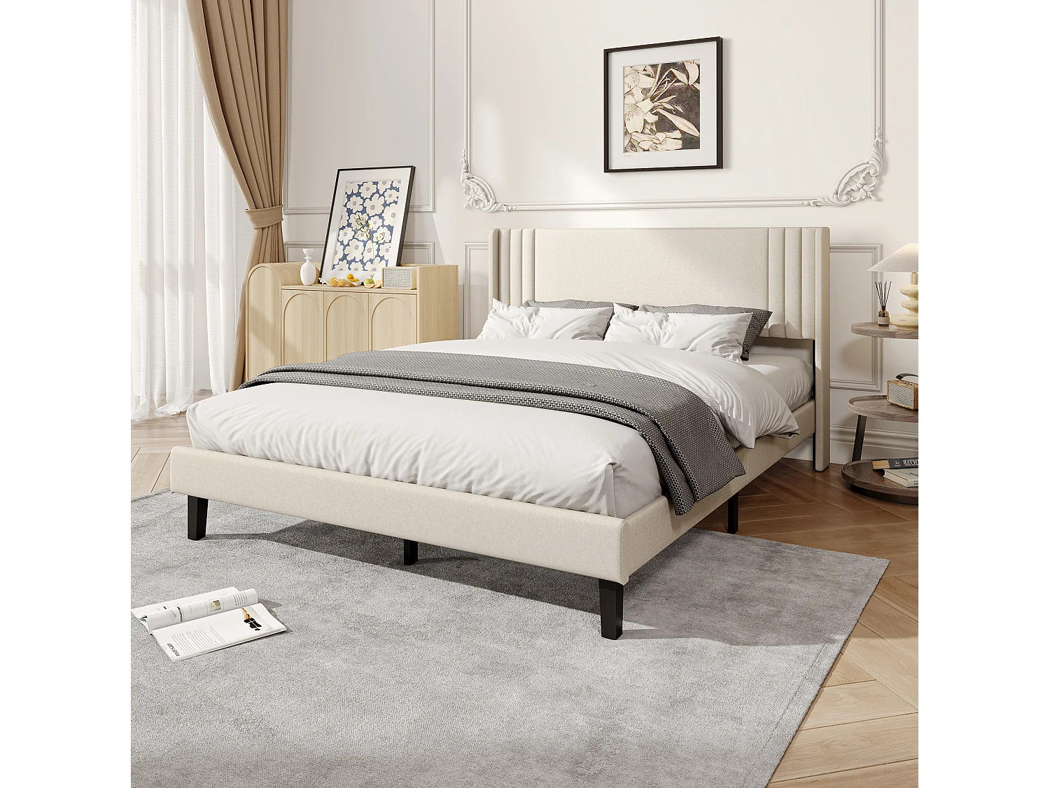 Lit double 160x200cm avec sommier à lattes et cadre en métal - Style moderne - Lin - Beige