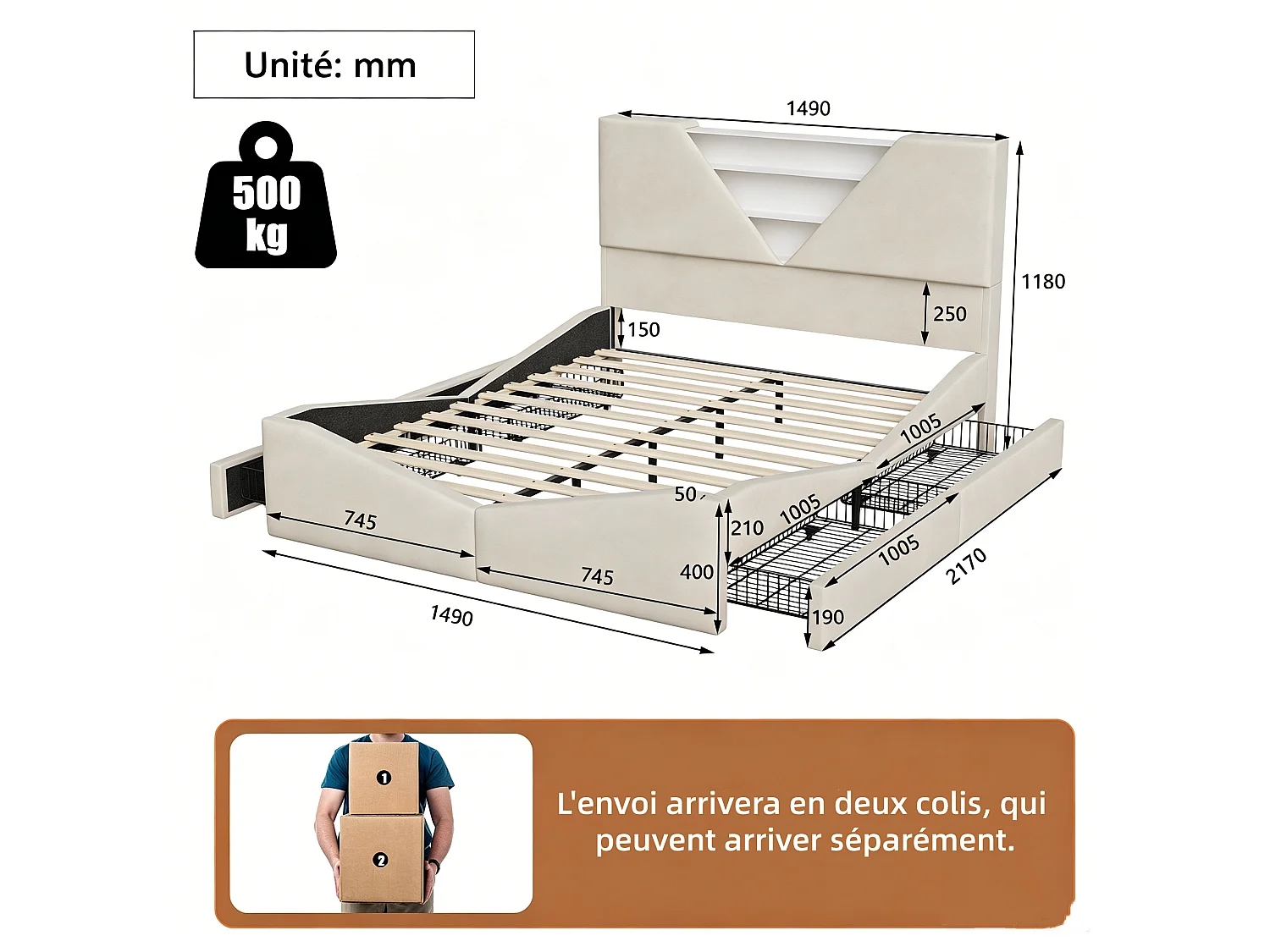 Cama de casal 140 x 200 cm – com iluminação LED e 4 gavetas – cabeceira com espaço de arrumação – veludo – bege