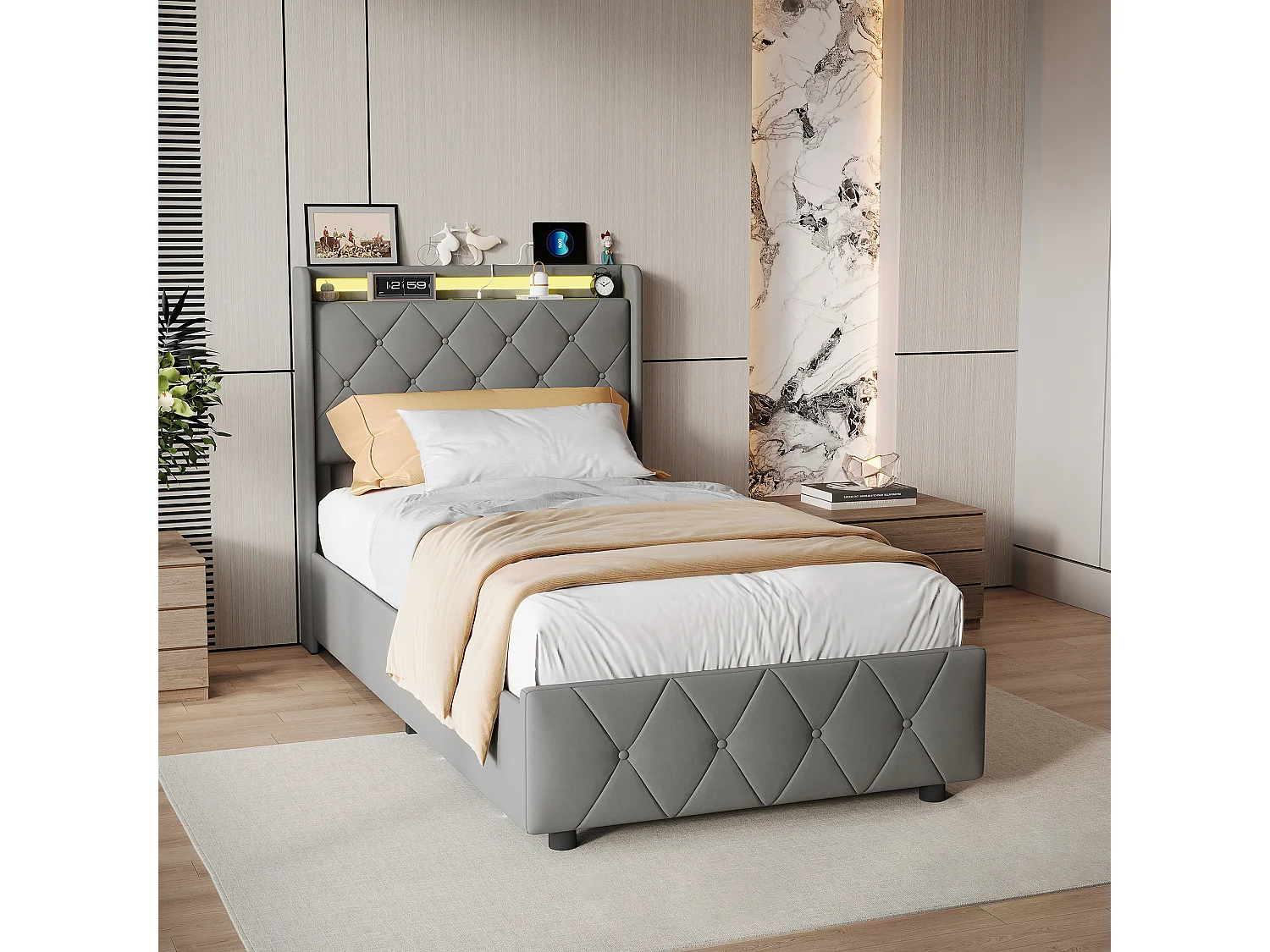 Lit simple 90x200cm avec 2 tiroirs - LED et ports USB - tête de lit avec rangement - velours - gris