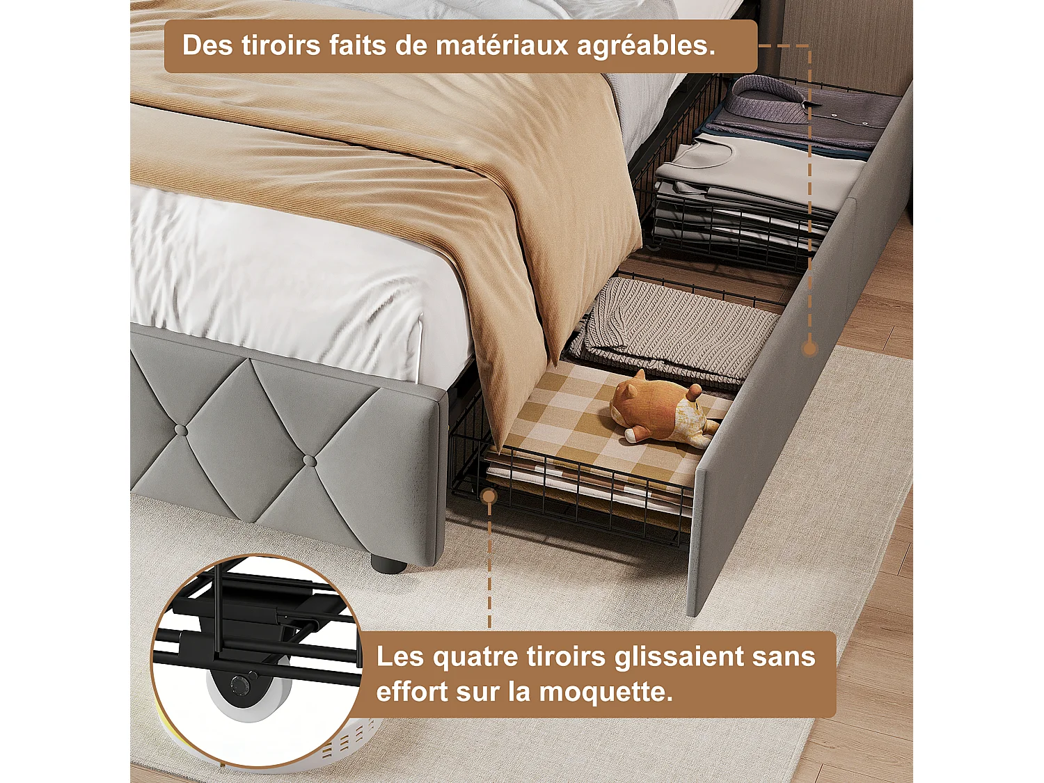 Lit simple 90x200cm avec 2 tiroirs - LED et ports USB - tête de lit avec rangement - velours - gris