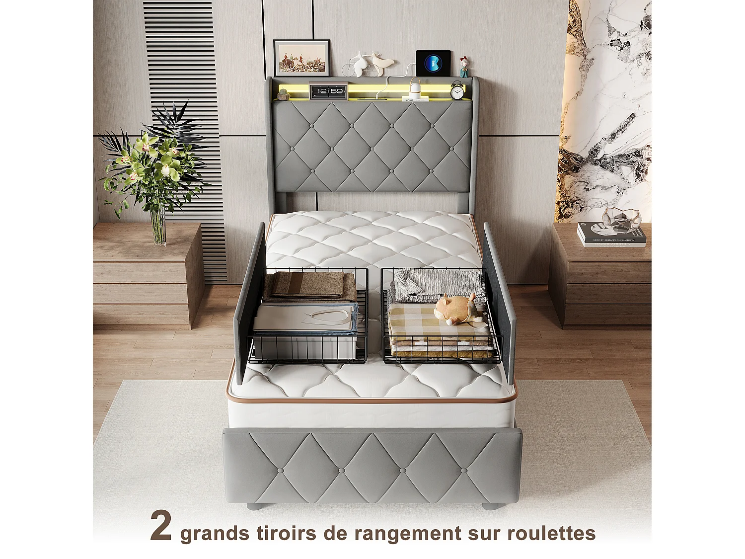 Lit simple 90x200cm avec 2 tiroirs - LED et ports USB - tête de lit avec rangement - velours - gris