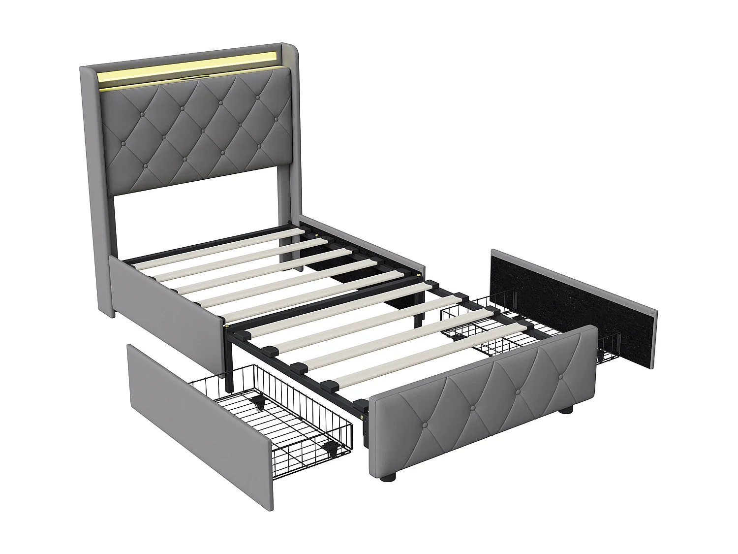 Lit simple 90x200cm avec 2 tiroirs - LED et ports USB - tête de lit avec rangement - velours - gris