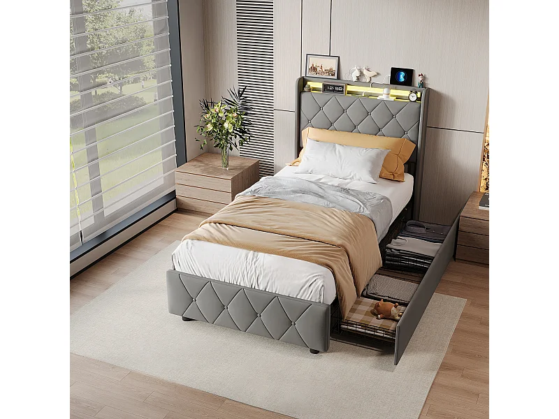Lit simple 90x200cm avec 2 tiroirs - LED et ports USB - tête de lit avec rangement - velours - gris