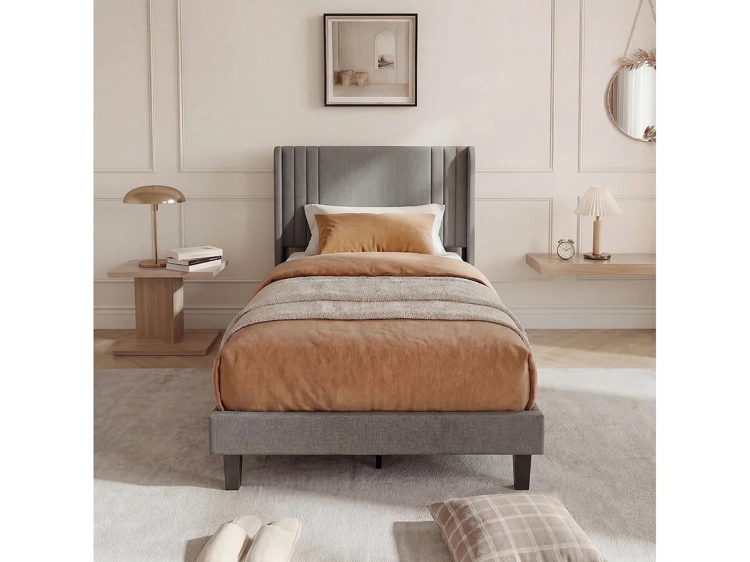 Lit simple 90x200cm avec sommier à lattes et cadre en métal - Style moderne - Lin - Gris