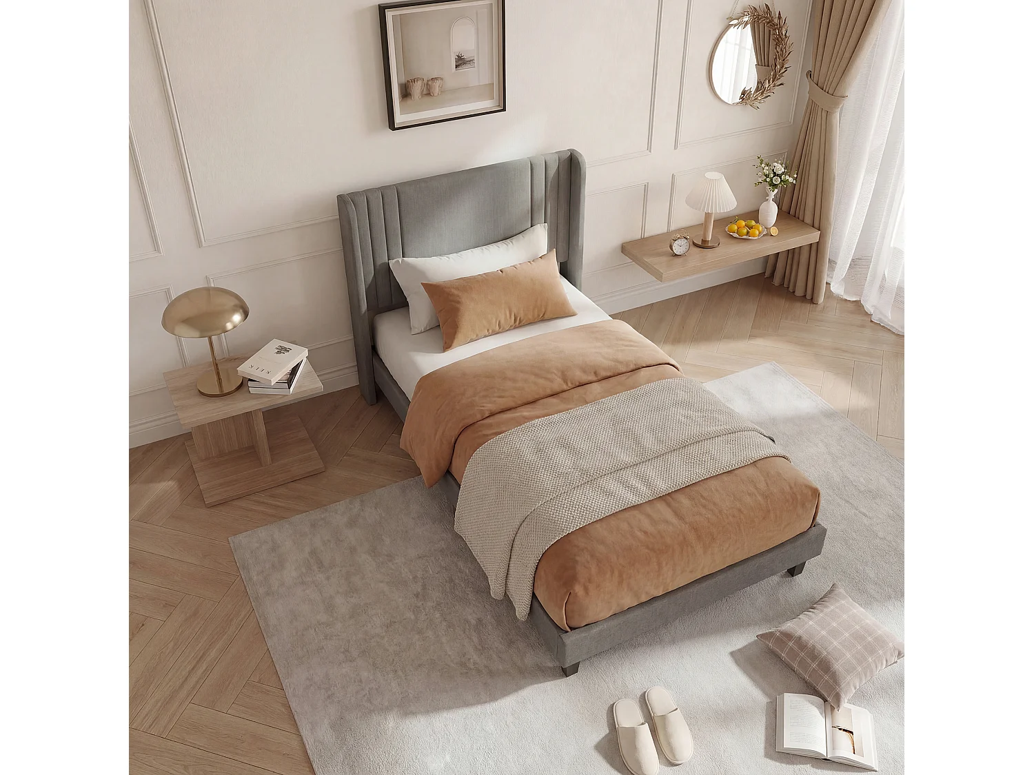 Lit simple 90x200cm avec sommier à lattes et cadre en métal - Style moderne - Lin - Gris