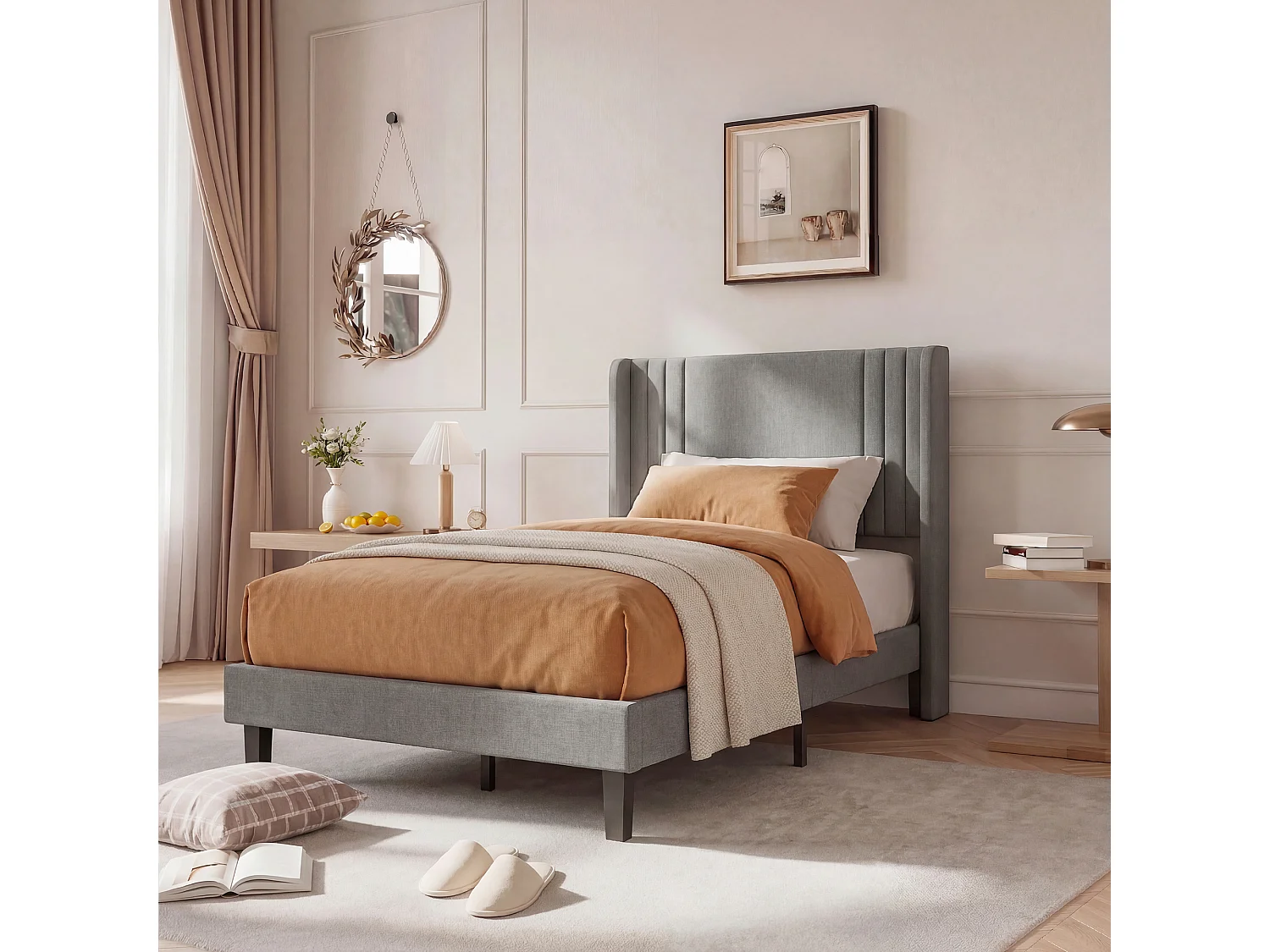 Lit simple 90x200cm avec sommier à lattes et cadre en métal - Style moderne - Lin - Gris