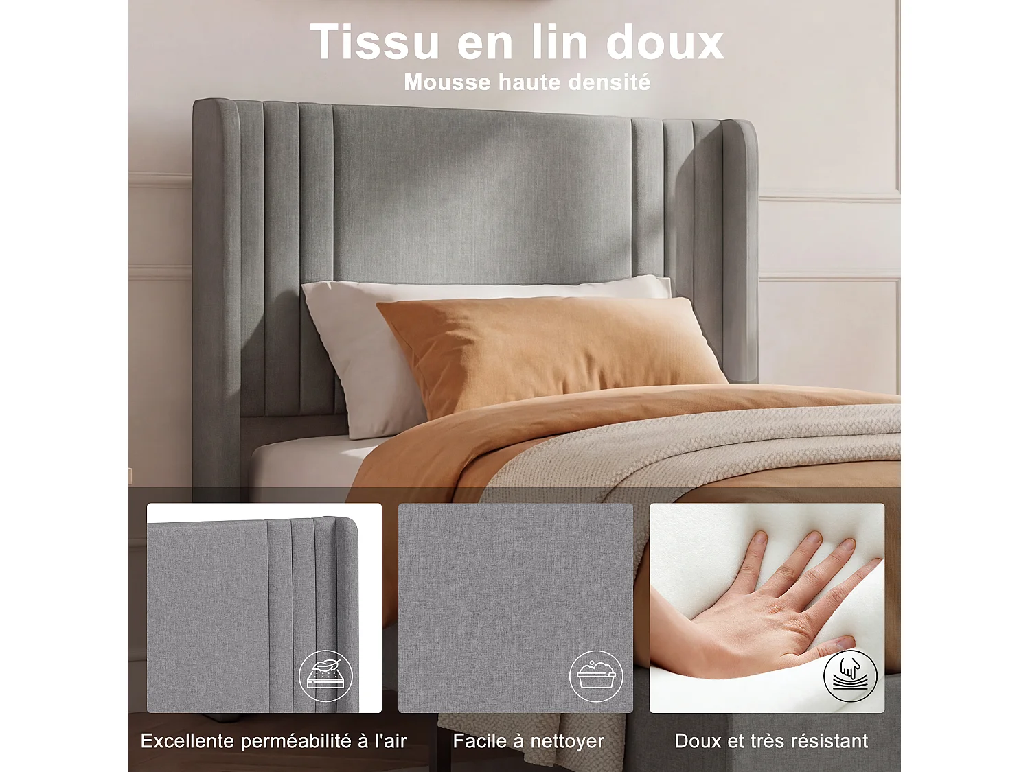 Lit simple 90x200cm avec sommier à lattes et cadre en métal - Style moderne - Lin - Gris