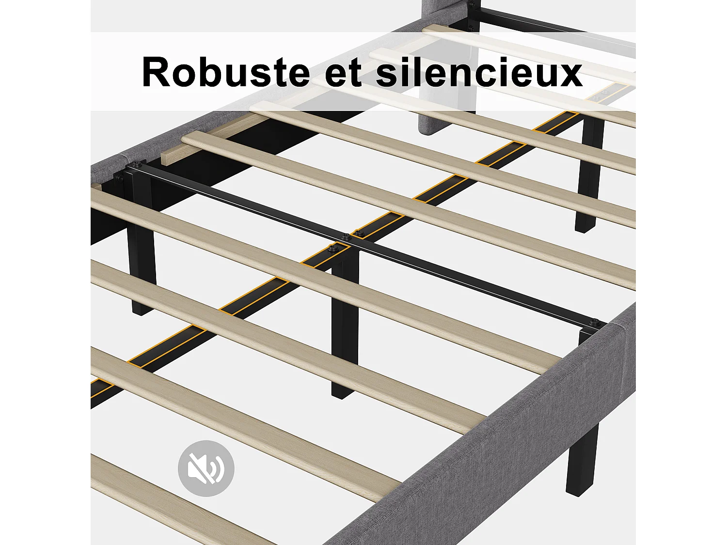 Lit simple 90x200cm avec sommier à lattes et cadre en métal - Style moderne - Lin - Gris