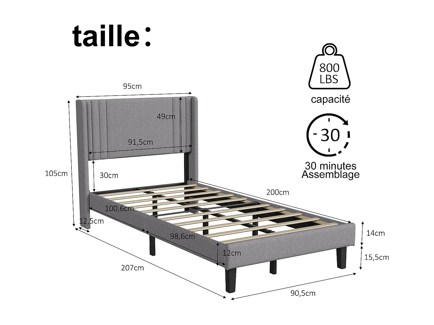 Lit simple 90x200cm avec sommier à lattes et cadre en métal - Style moderne - Lin - Gris