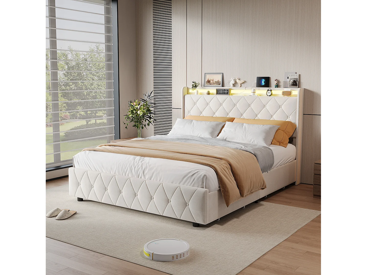 Lit double 160x200cm avec 4 tiroirs - LED et ports USB - tête de lit avec rangement - velours - beige