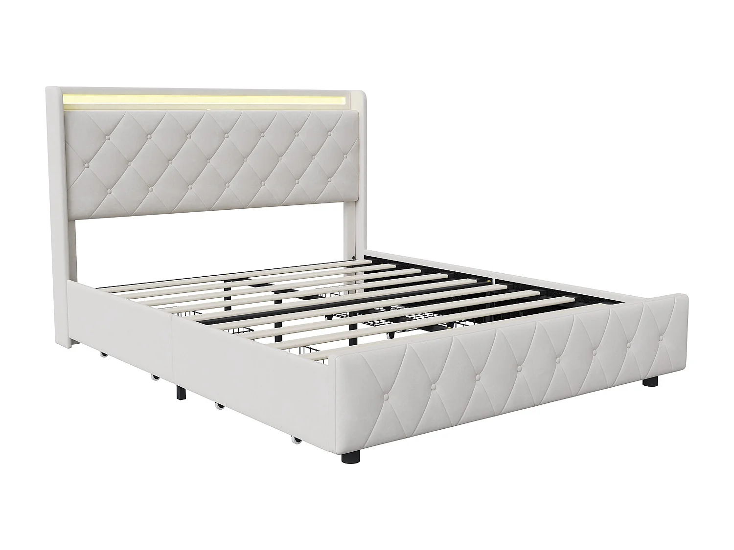 Lit double 160x200cm avec 4 tiroirs - LED et ports USB - tête de lit avec rangement - velours - beige