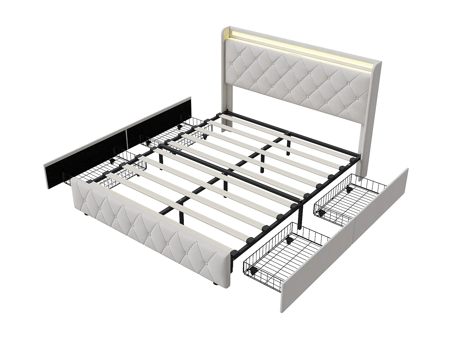 Lit double 160x200cm avec 4 tiroirs - LED et ports USB - tête de lit avec rangement - velours - beige