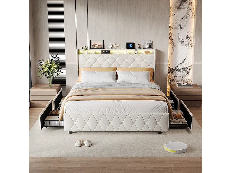 Lit double 160x200cm avec 4 tiroirs - LED et ports USB - tête de lit avec rangement - velours - beige