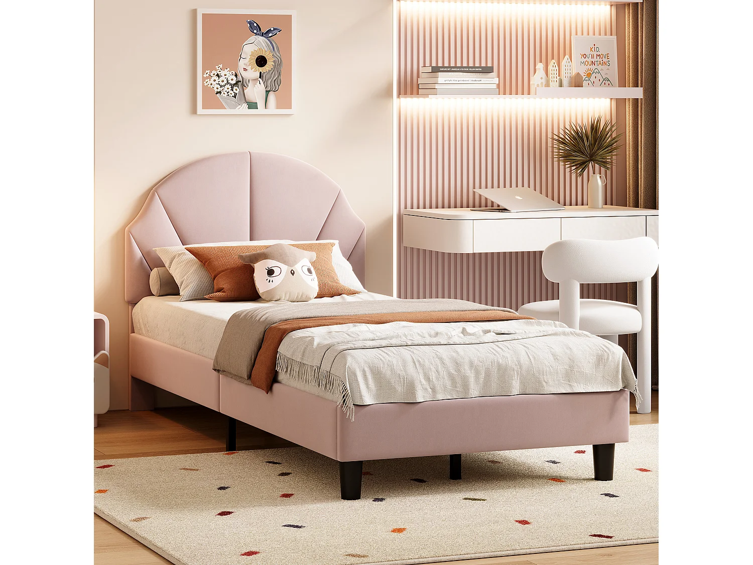 Lit simple enfant 90 x 190 cm - tête de lit en forme de nuage - hauteur de tête de lit réglable - velours - rose