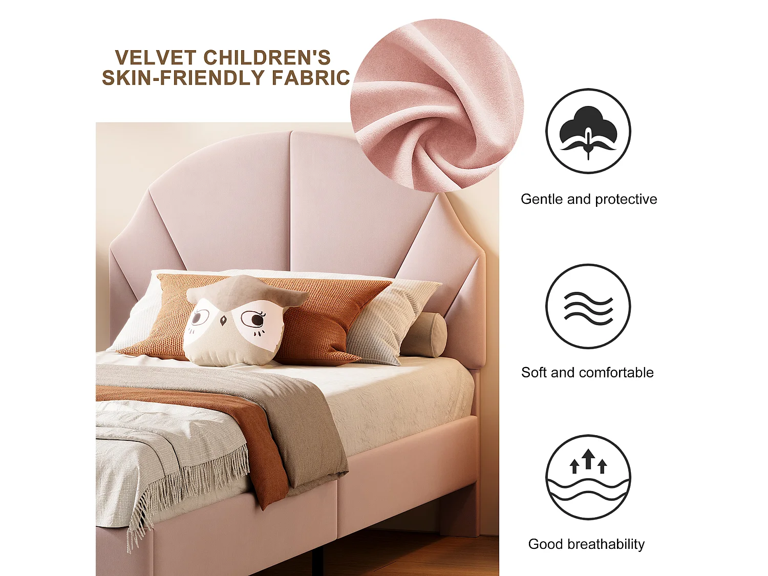 Lit simple enfant 90 x 190 cm - tête de lit en forme de nuage - hauteur de tête de lit réglable - velours - rose