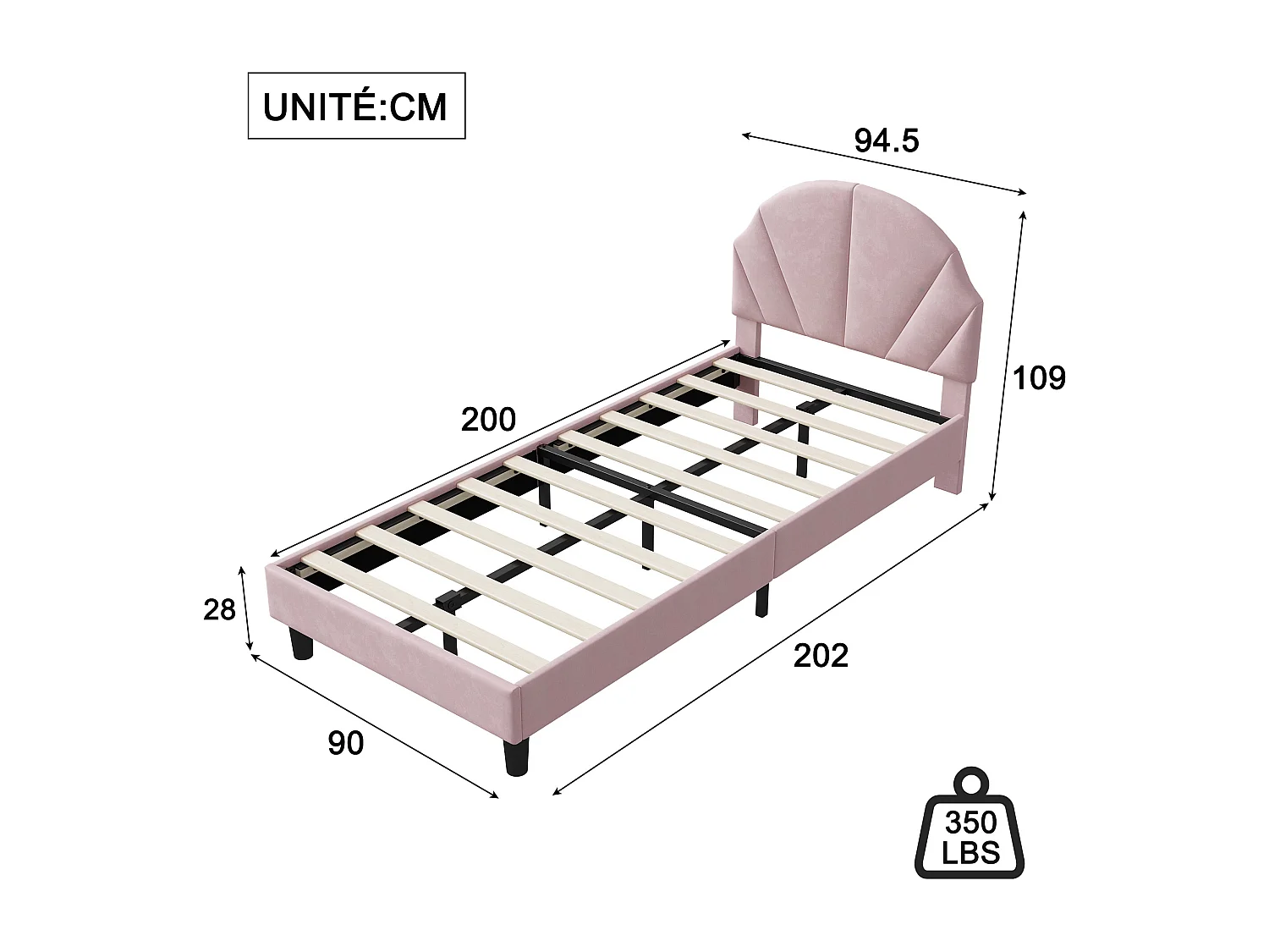 Lit simple enfant 90 x 190 cm - tête de lit en forme de nuage - hauteur de tête de lit réglable - velours - rose