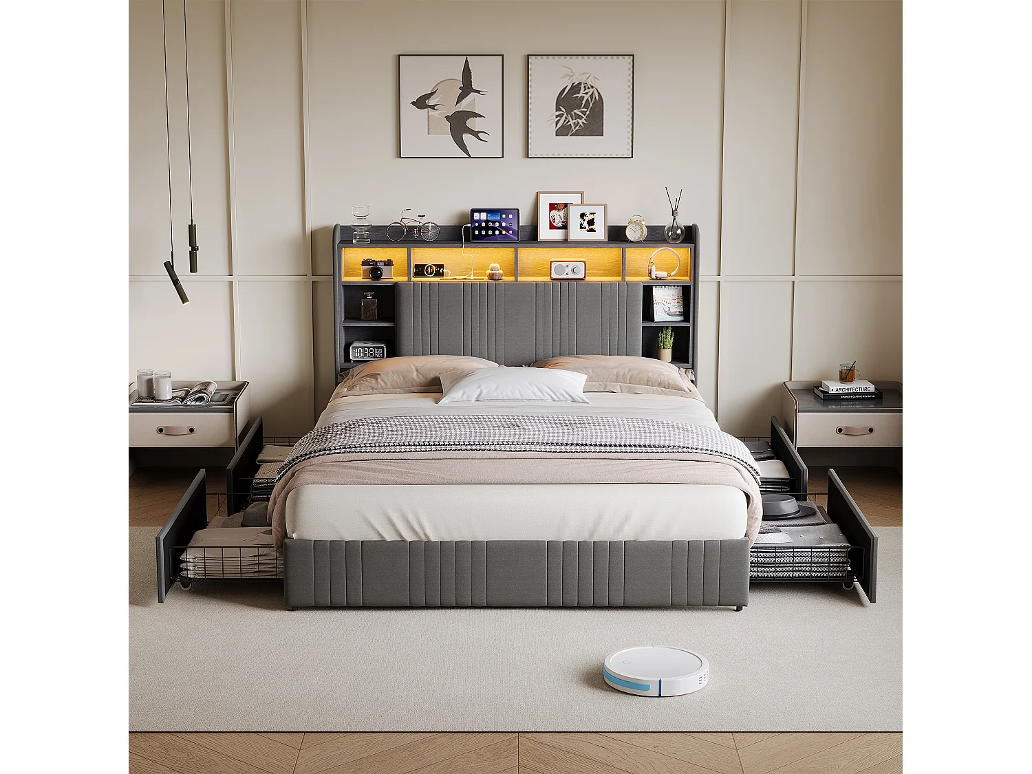 Lit double 140x200cm avec éclairage LED et 4 tiroirs - tête de lit avec ports USB et rangements - lin - gris