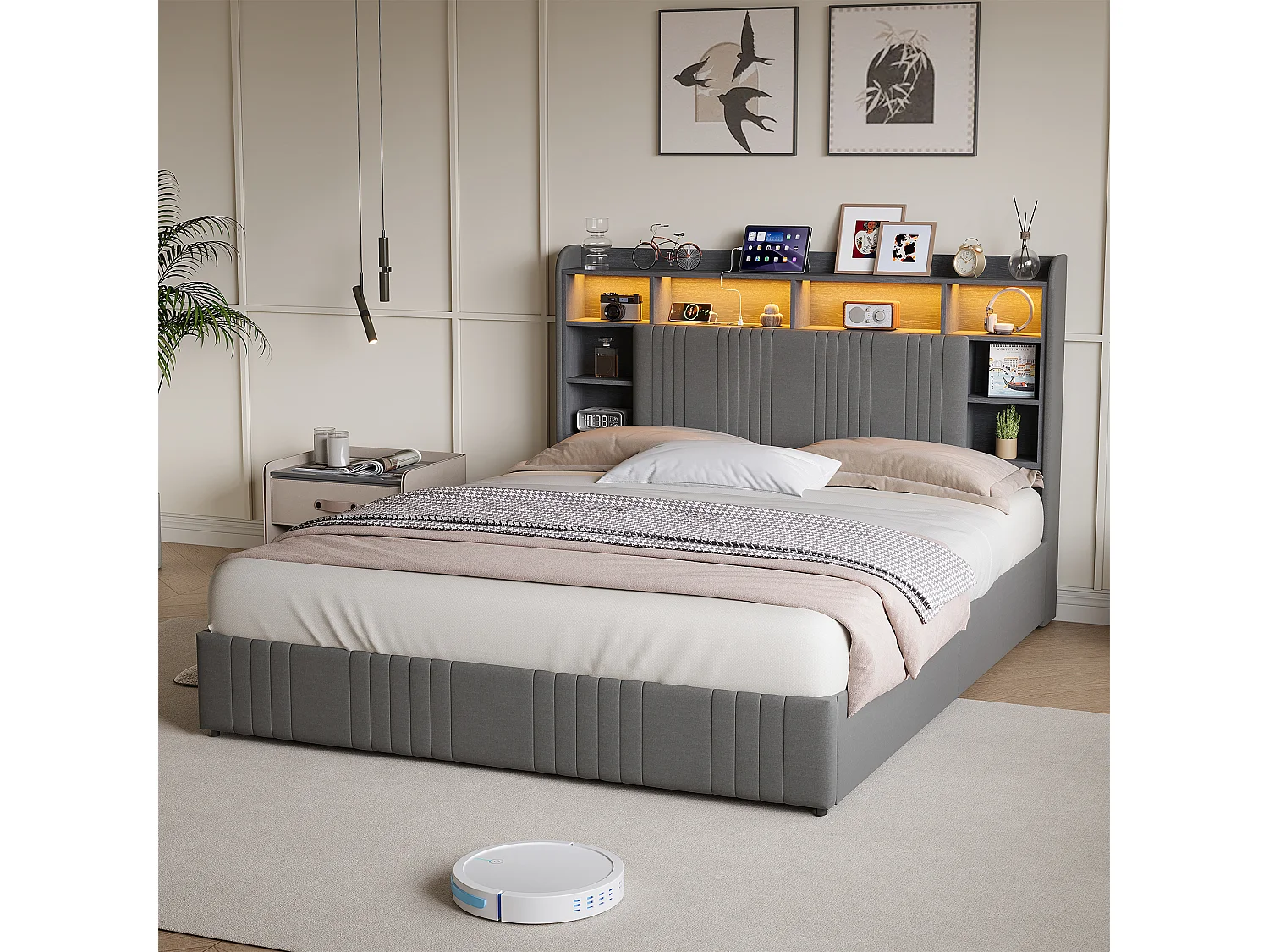 Lit double 140x200cm avec éclairage LED et 4 tiroirs - tête de lit avec ports USB et rangements - lin - gris