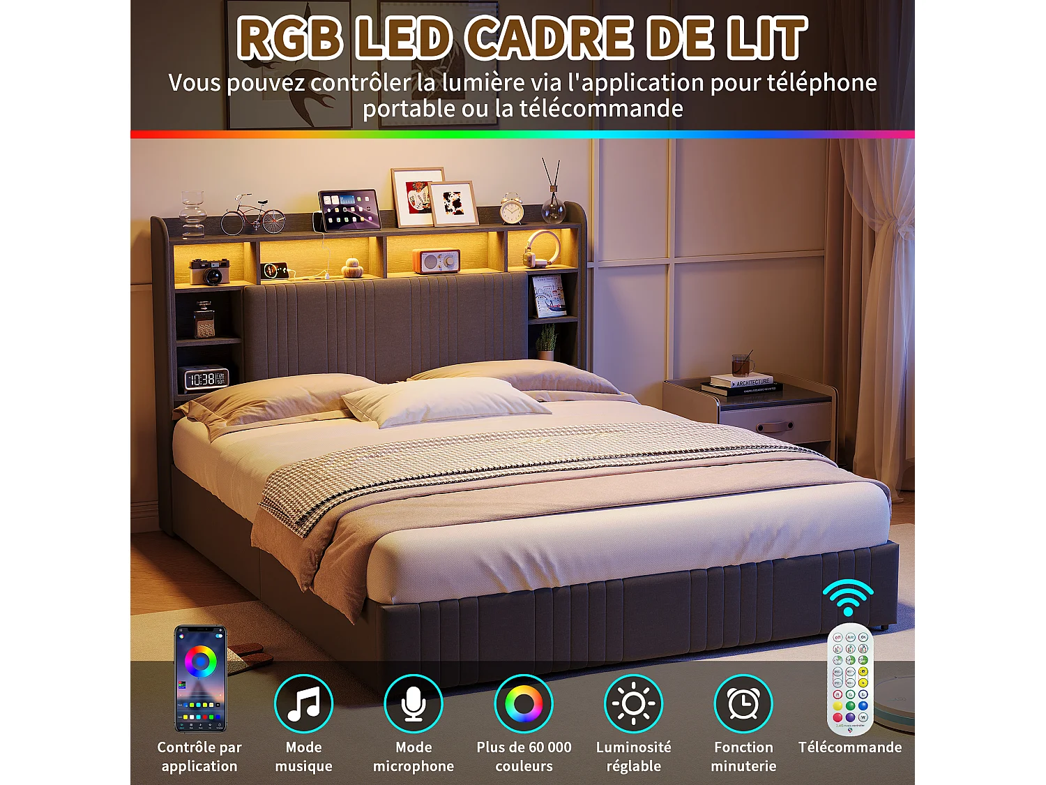 Lit double 140x200cm avec éclairage LED et 4 tiroirs - tête de lit avec ports USB et rangements - lin - gris