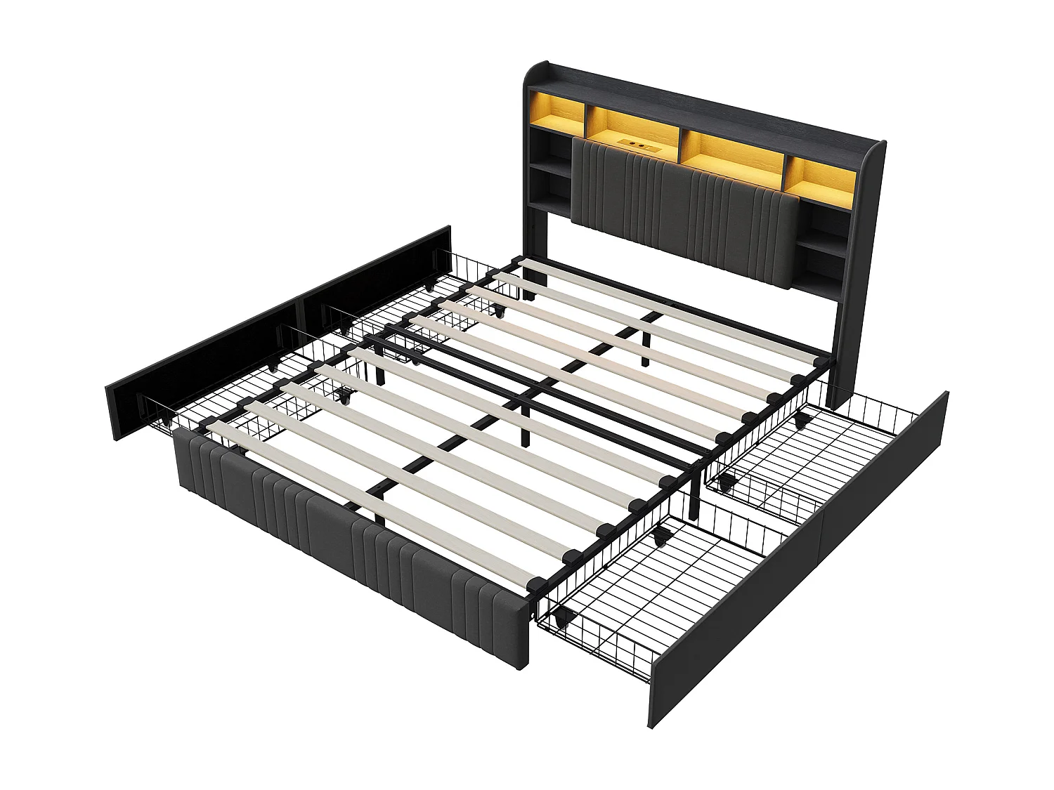 Lit double 140x200cm avec éclairage LED et 4 tiroirs - tête de lit avec ports USB et rangements - lin - gris