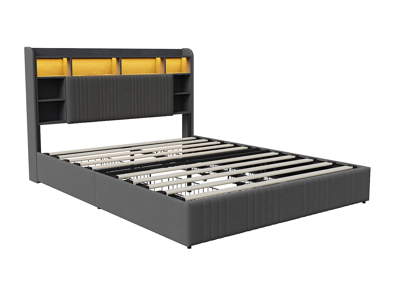 Lit double 140x200cm avec éclairage LED et 4 tiroirs - tête de lit avec ports USB et rangements - lin - gris