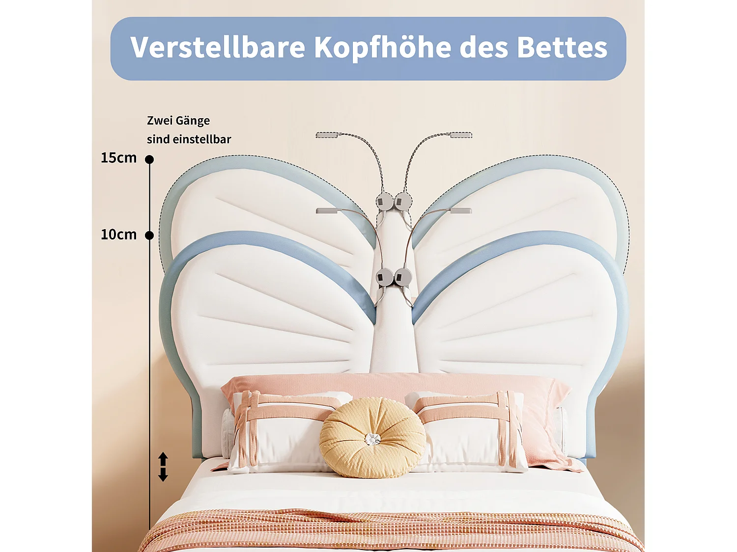 Lit simple enfant 90x190cm avec lampe de lecture - tête de lit papillon réglable - velours - bleu