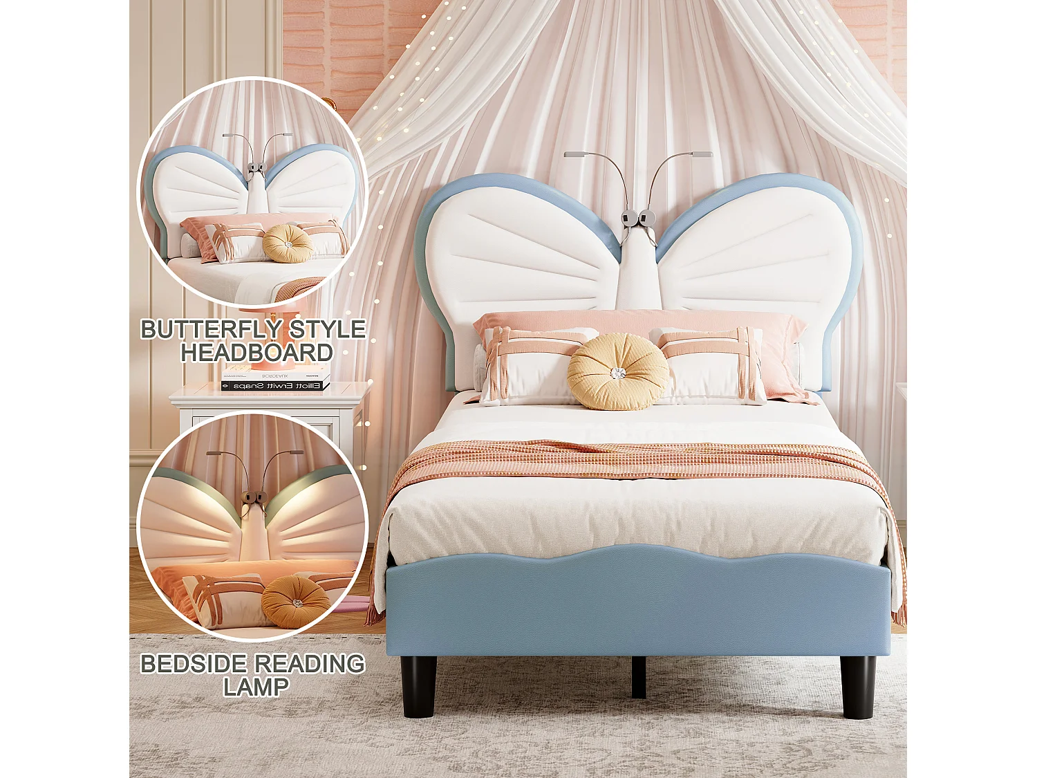 Lit simple enfant 90x190cm avec lampe de lecture - tête de lit papillon réglable - velours - bleu