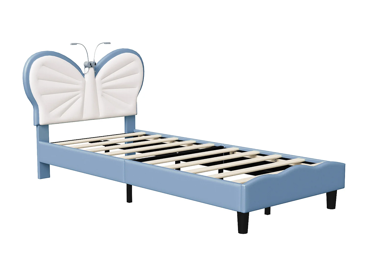 Lit simple enfant 90x190cm avec lampe de lecture - tête de lit papillon réglable - velours - bleu