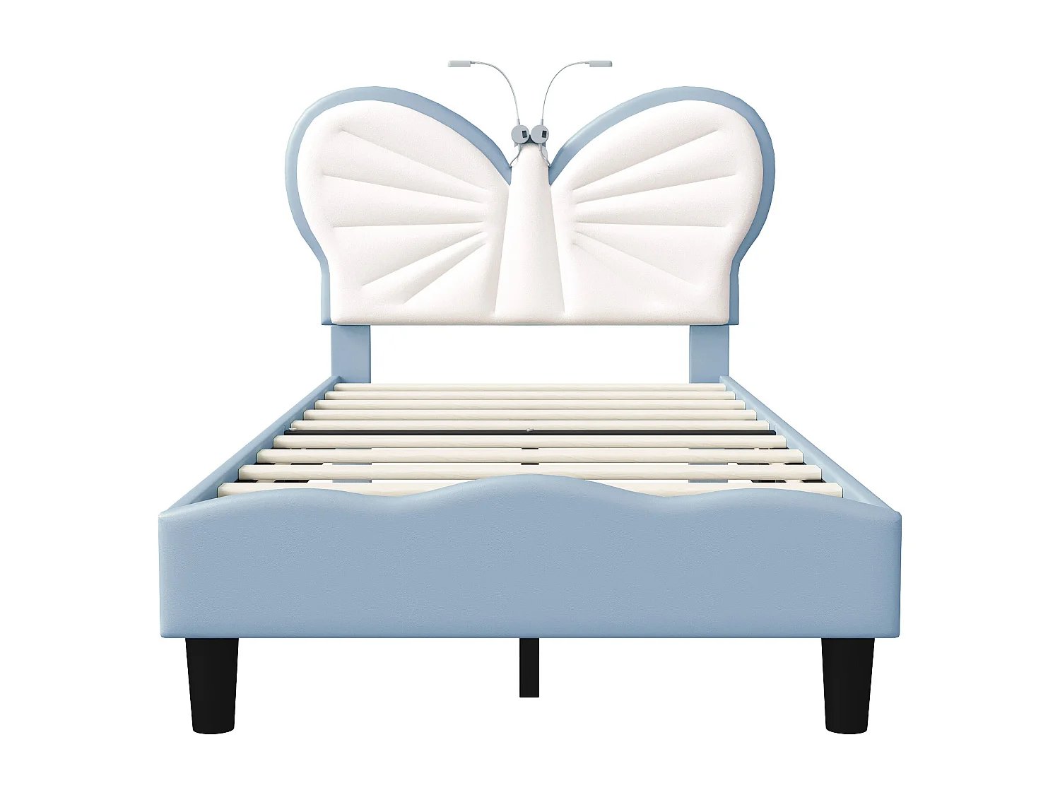 Lit simple enfant 90x190cm avec lampe de lecture - tête de lit papillon réglable - velours - bleu