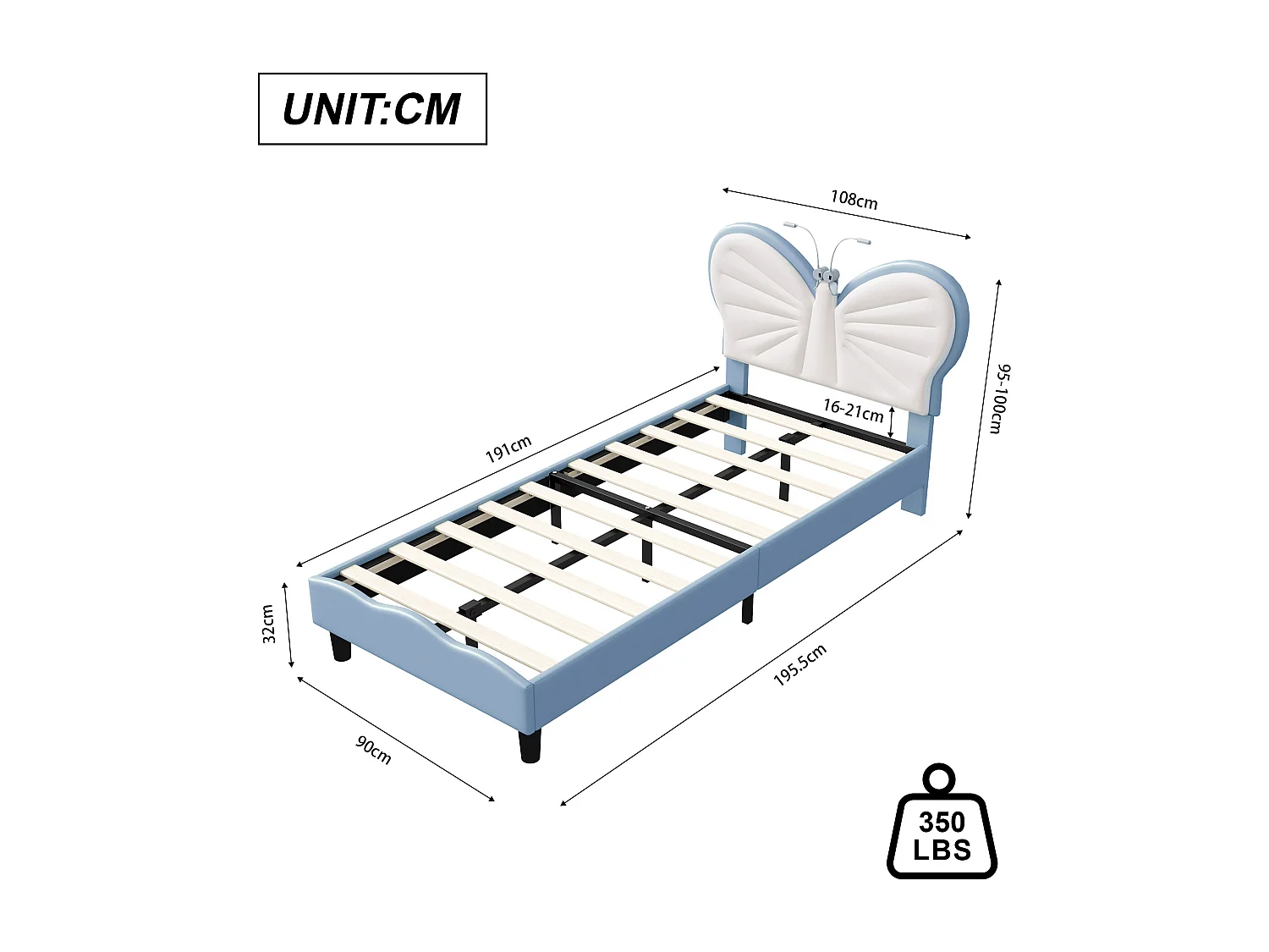 Lit simple enfant 90x190cm avec lampe de lecture - tête de lit papillon réglable - velours - bleu