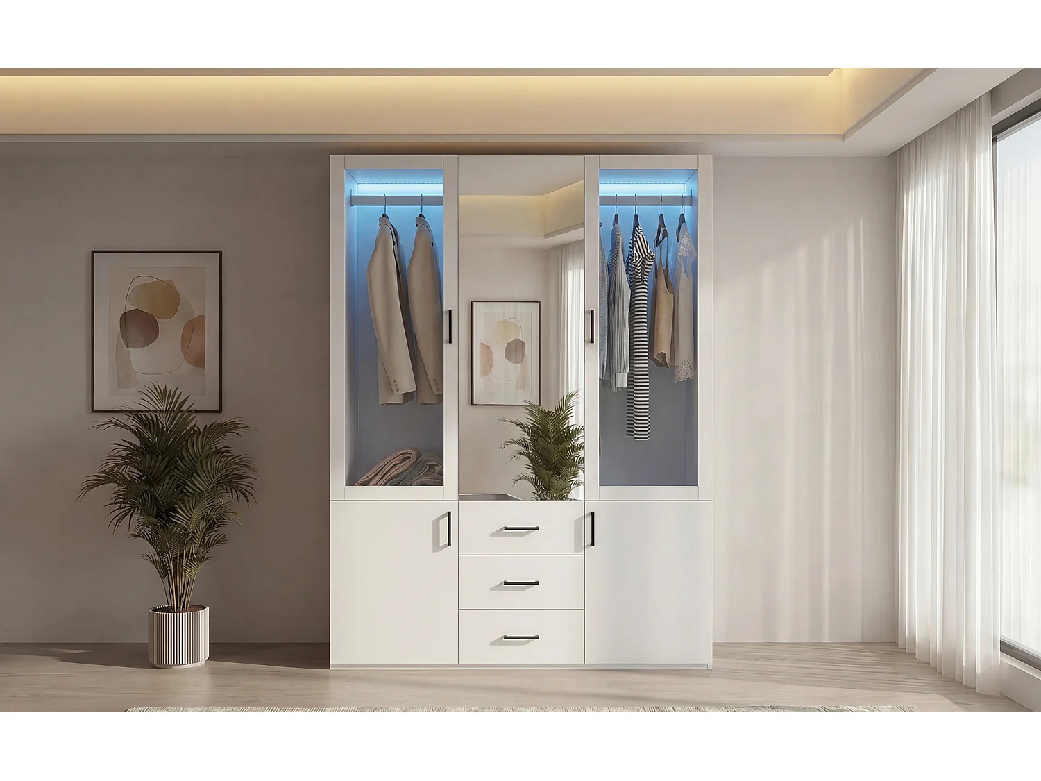 Armoire avec portes et tiroirs transparents, armoire d'entrée de style moderne avec miroir ,130 x 51,8 x 181,5 cm