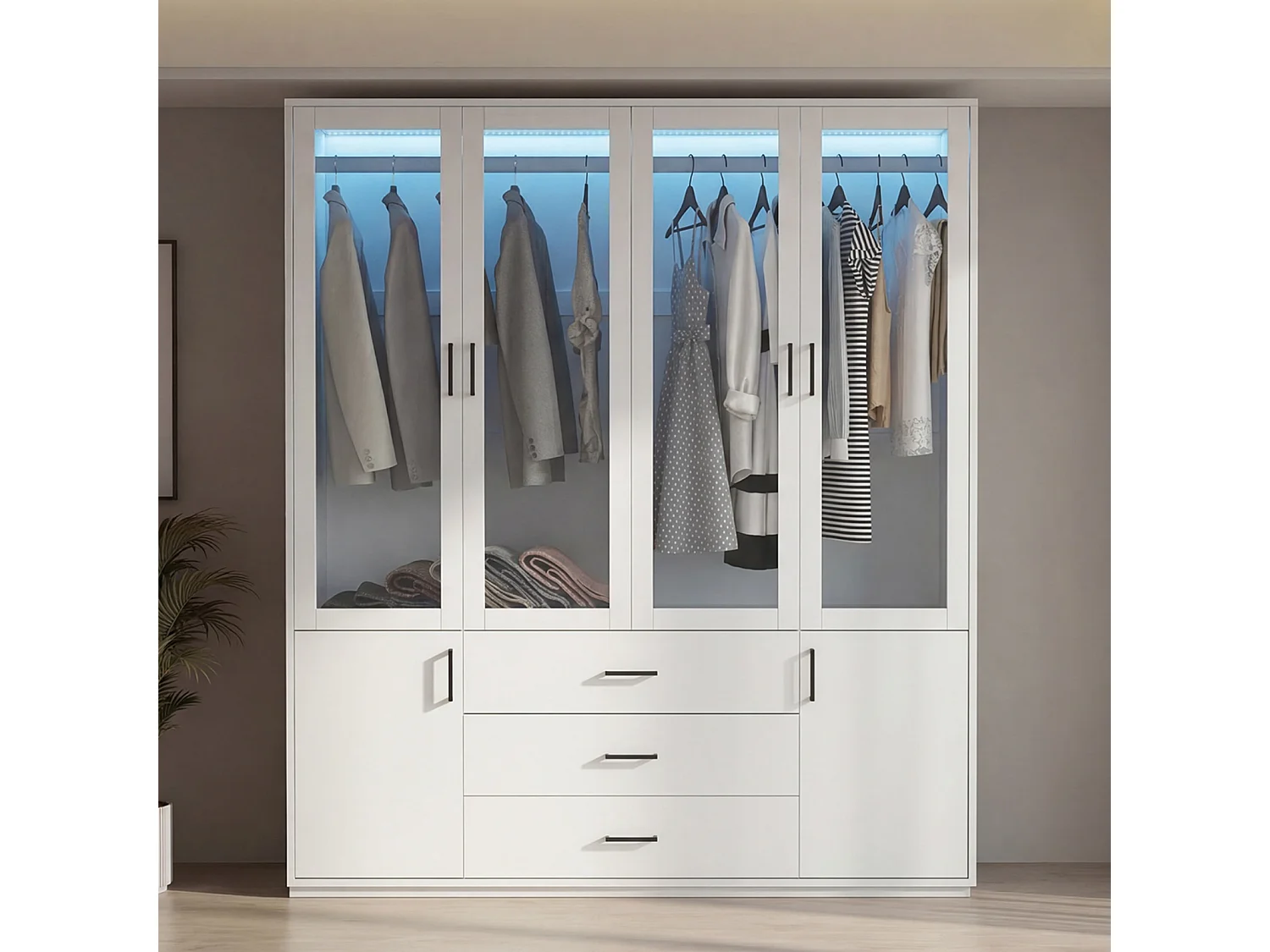 Armoire à tiroirs et portes transparentes, armoire d'entrée de style moderne, 160 x 51,8 x 182 cm