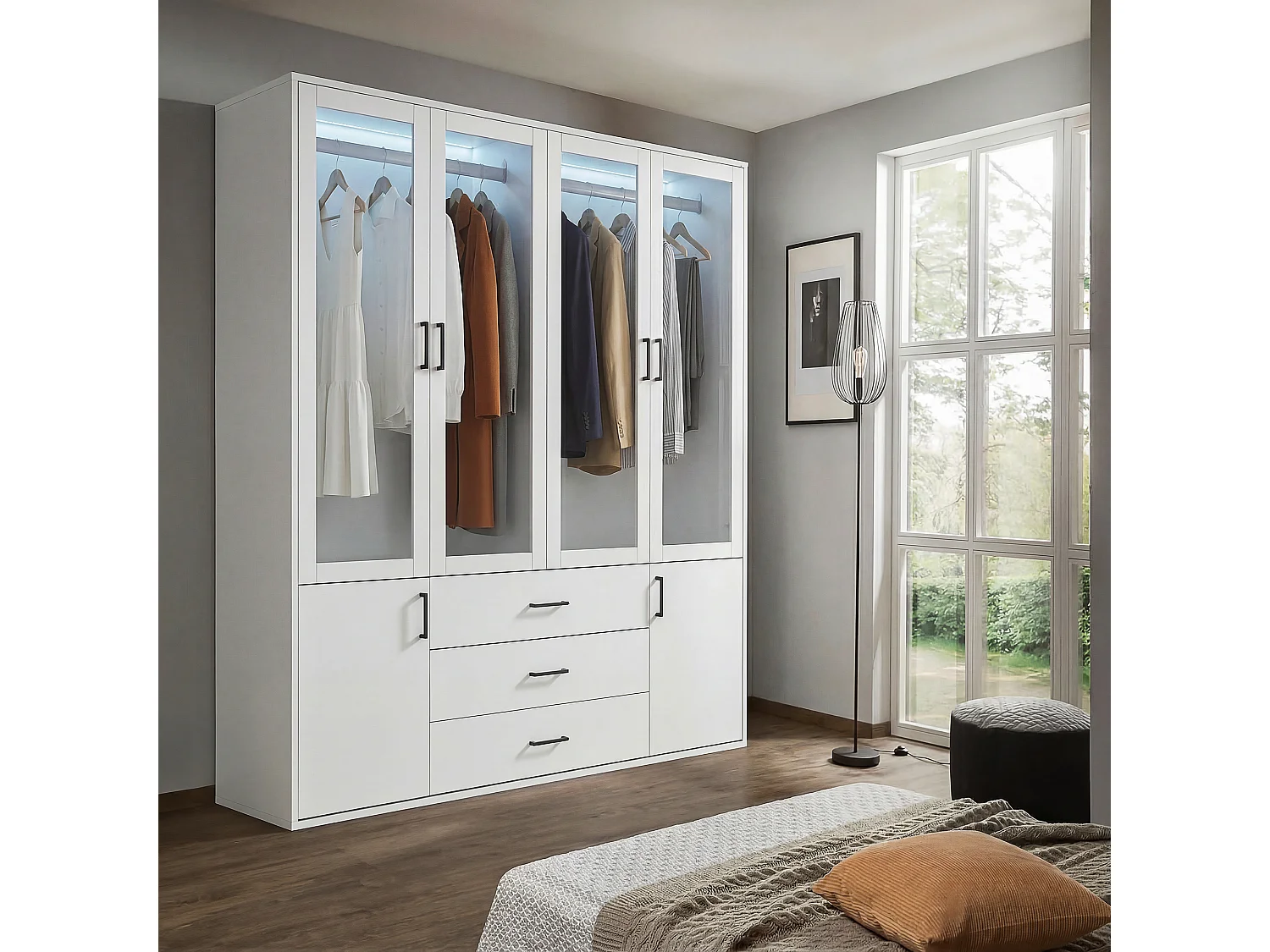 Armoire à tiroirs et portes transparentes, armoire d'entrée de style moderne, 160 x 51,8 x 182 cm