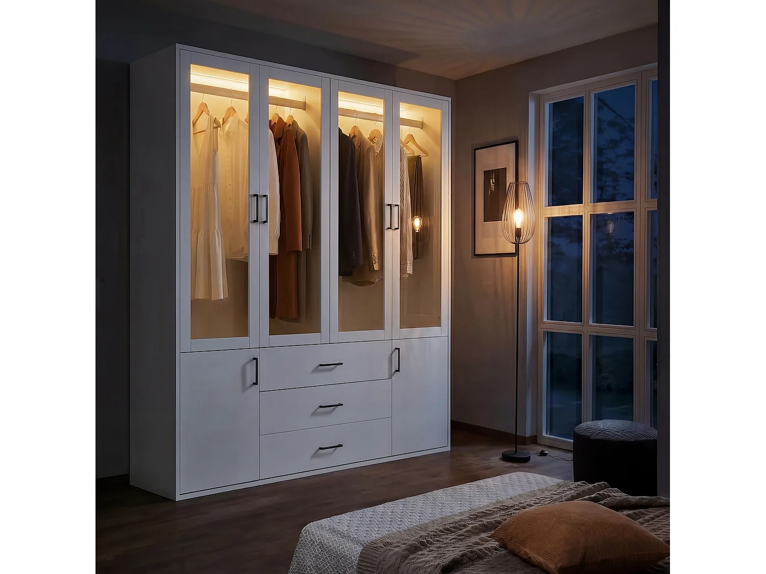 Armoire à tiroirs et portes transparentes, armoire d'entrée de style moderne, 160 x 51,8 x 182 cm