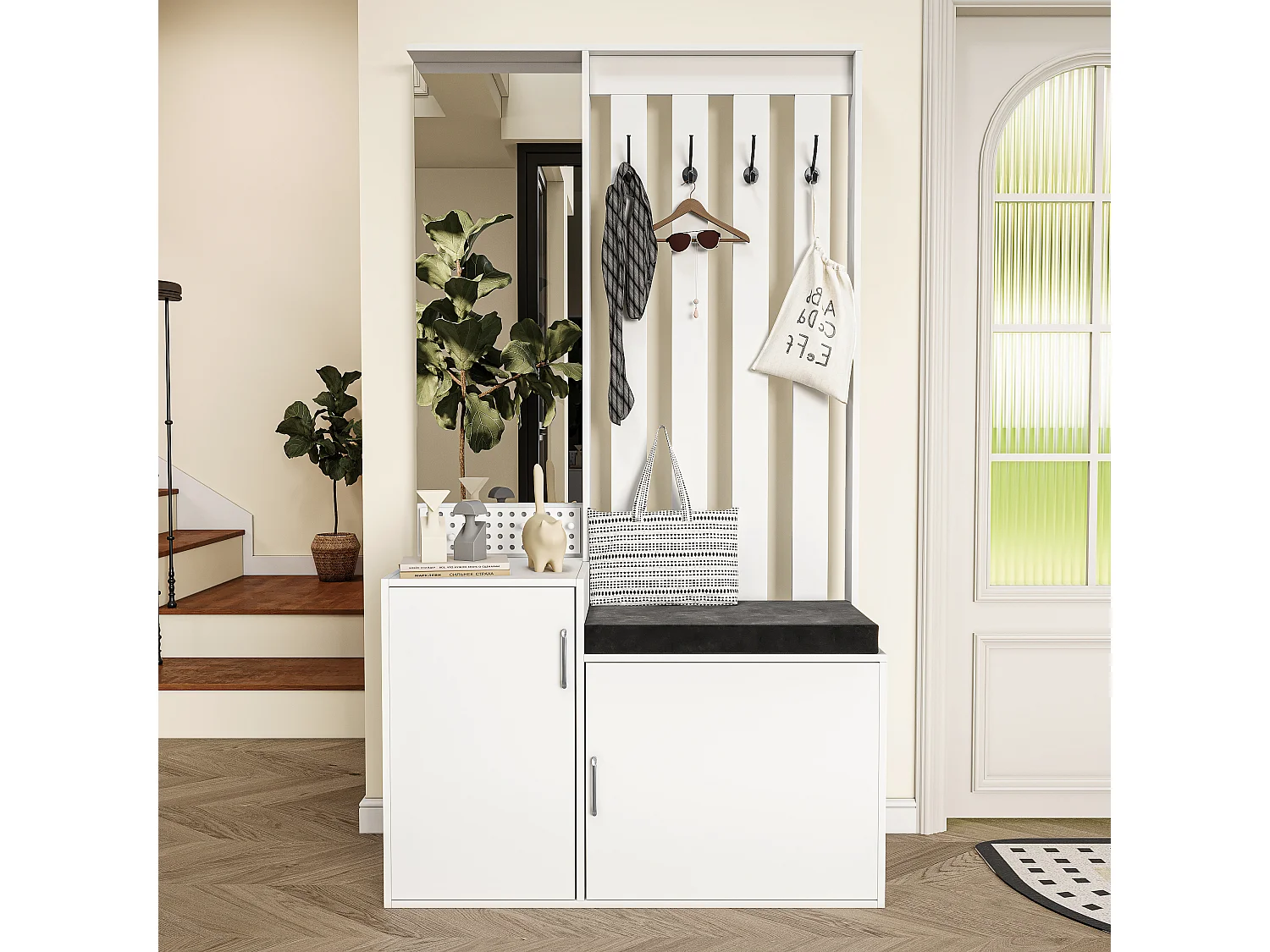 Kapstok met schoenenbankje, haken en spiegel - halmeubel - 180 x 40 x 100 cm