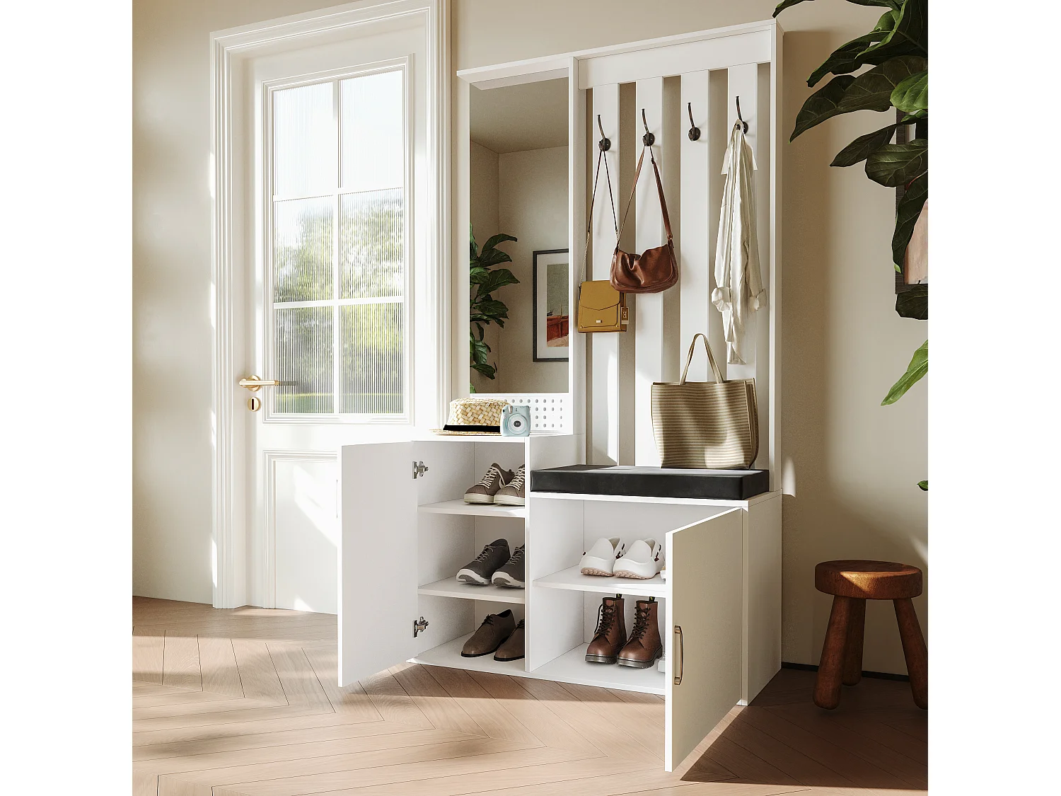 Kapstok met schoenenbankje, haken en spiegel - halmeubel - 180 x 40 x 100 cm