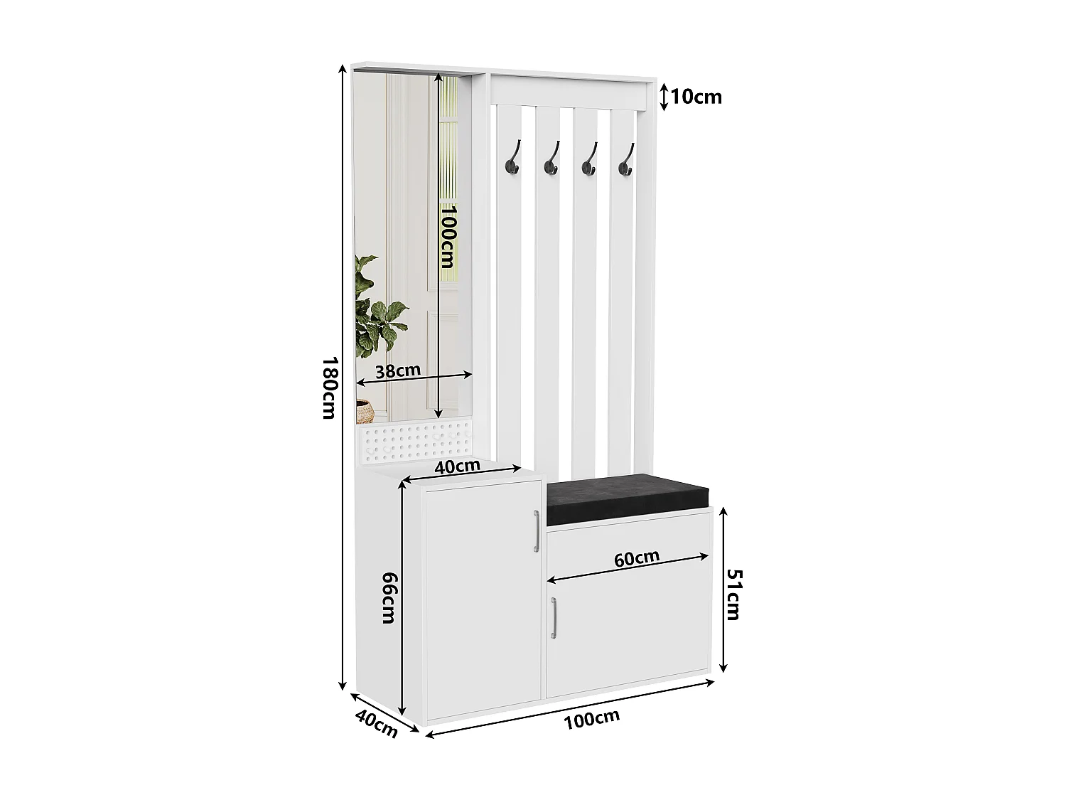 Kapstok met schoenenbankje, haken en spiegel - halmeubel - 180 x 40 x 100 cm