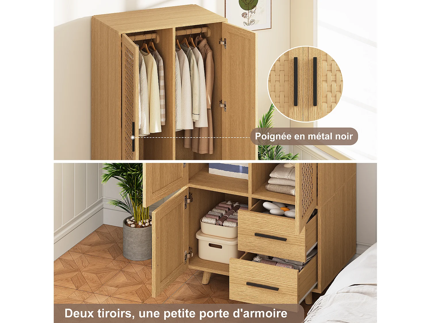 Armoire en osier avec tringle, 2 portes et 2 tiroirs, 80x52x176 cm, convient pour le salon et la chambre