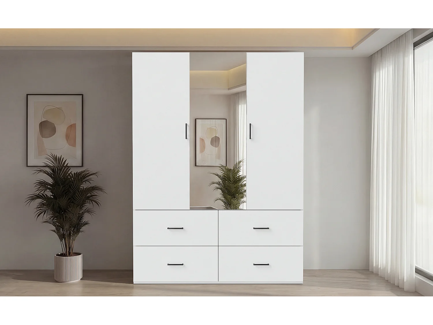 Armoire à portes et tiroirs, armoire d'entrée de style moderne avec miroir, 130 x 51,8 x 181,5 cm