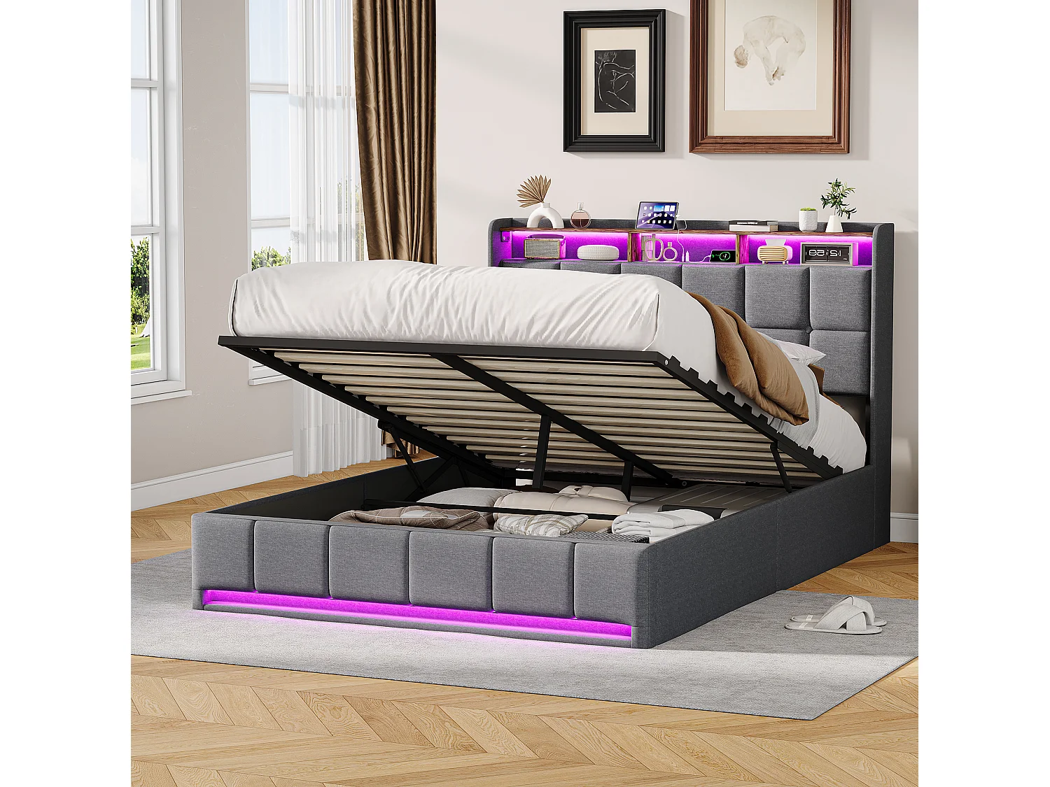 Lit double 140x190cm avec rangement hydraulique - LED et ports USB - Tête de lit avec compartiments de rangement - Lin - Gris