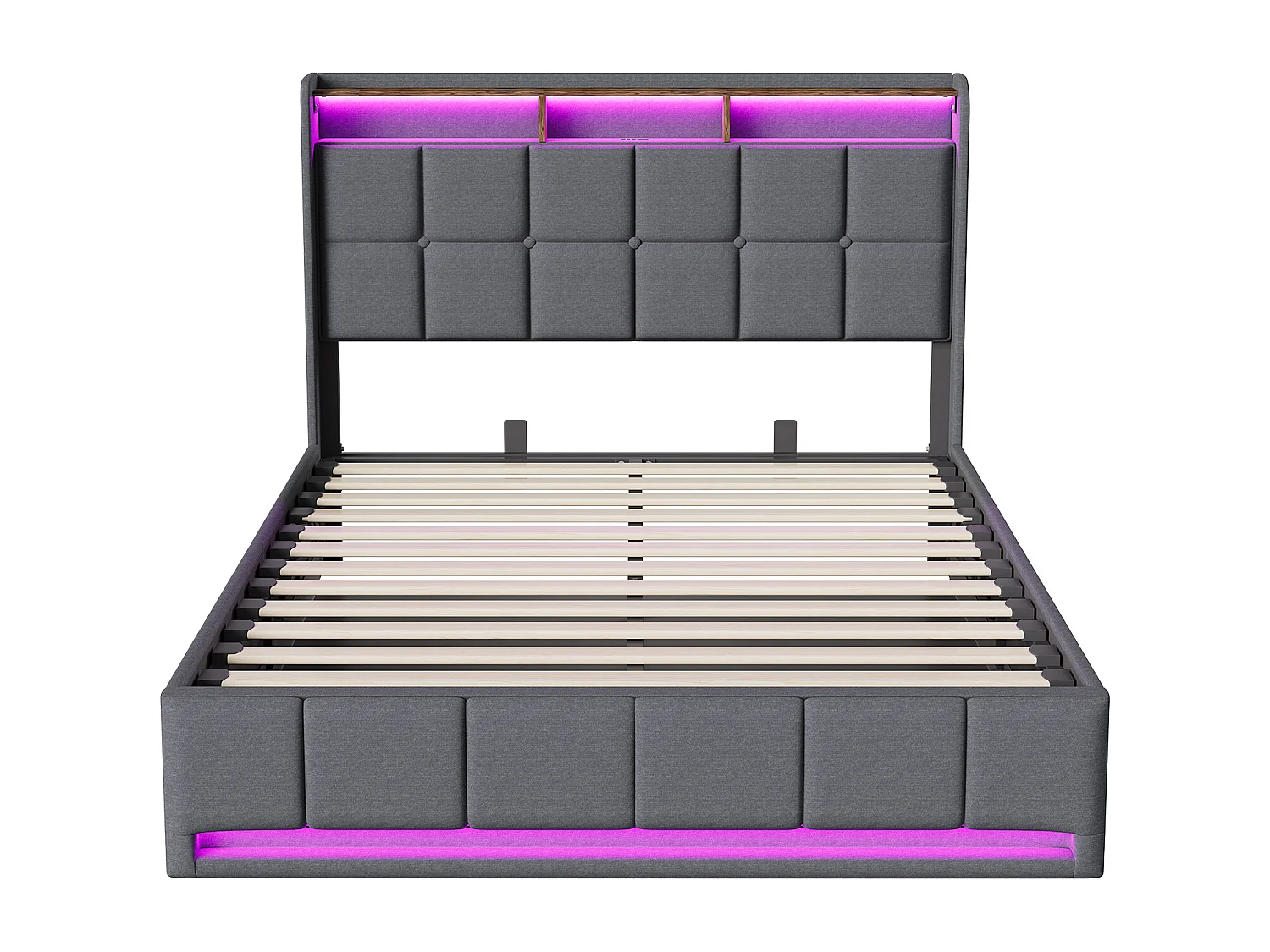 Lit double 140x190cm avec rangement hydraulique - LED et ports USB - Tête de lit avec compartiments de rangement - Lin - Gris