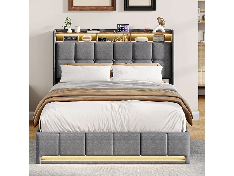 Lit double 140x190cm avec rangement hydraulique - LED et ports USB - Tête de lit avec compartiments de rangement - Lin - Gris