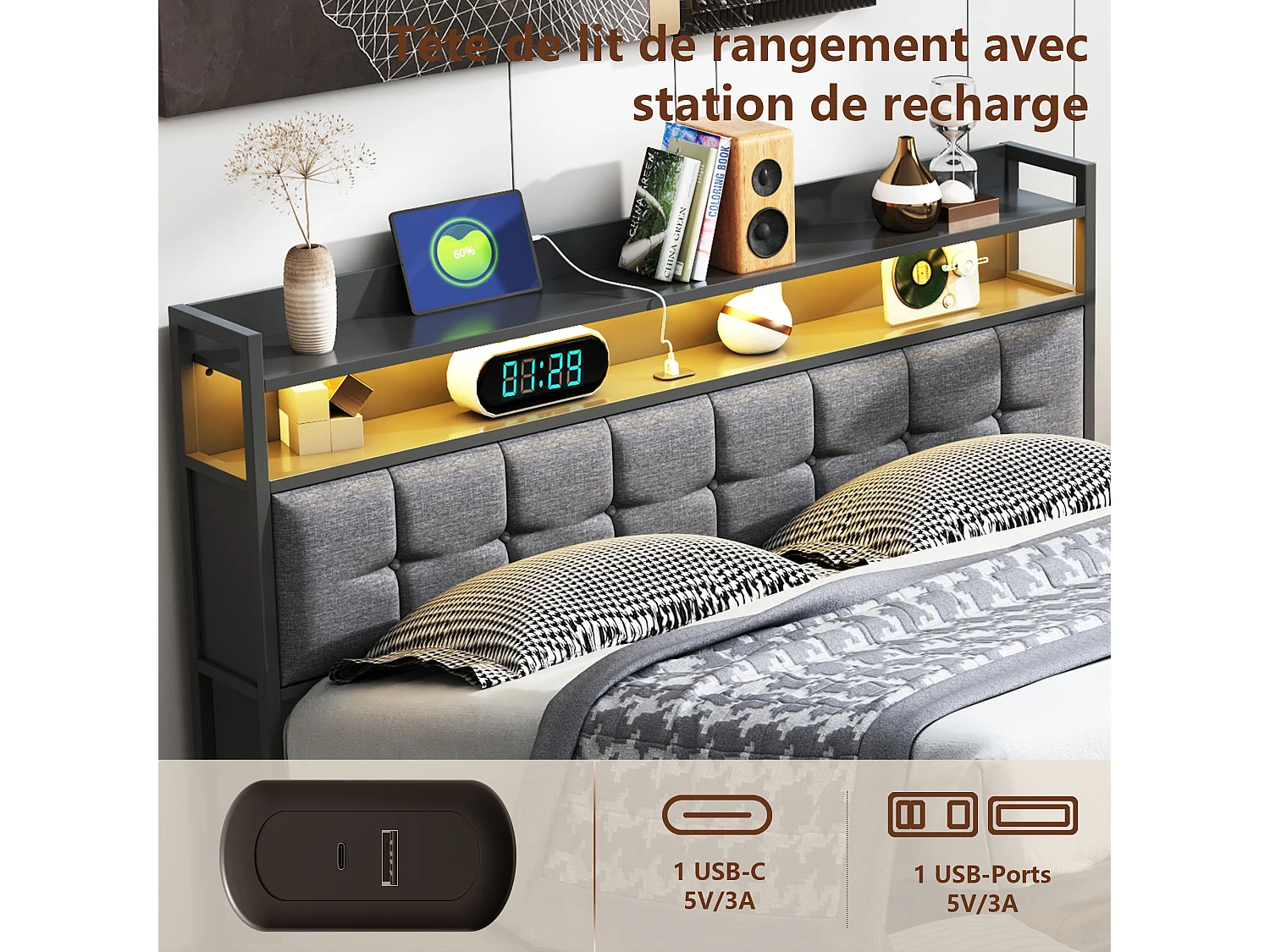 Lit coffre 140x190 cm avec éclairage LED et interface USB - avec espace de rangement hydraulique - Lin - Gris
