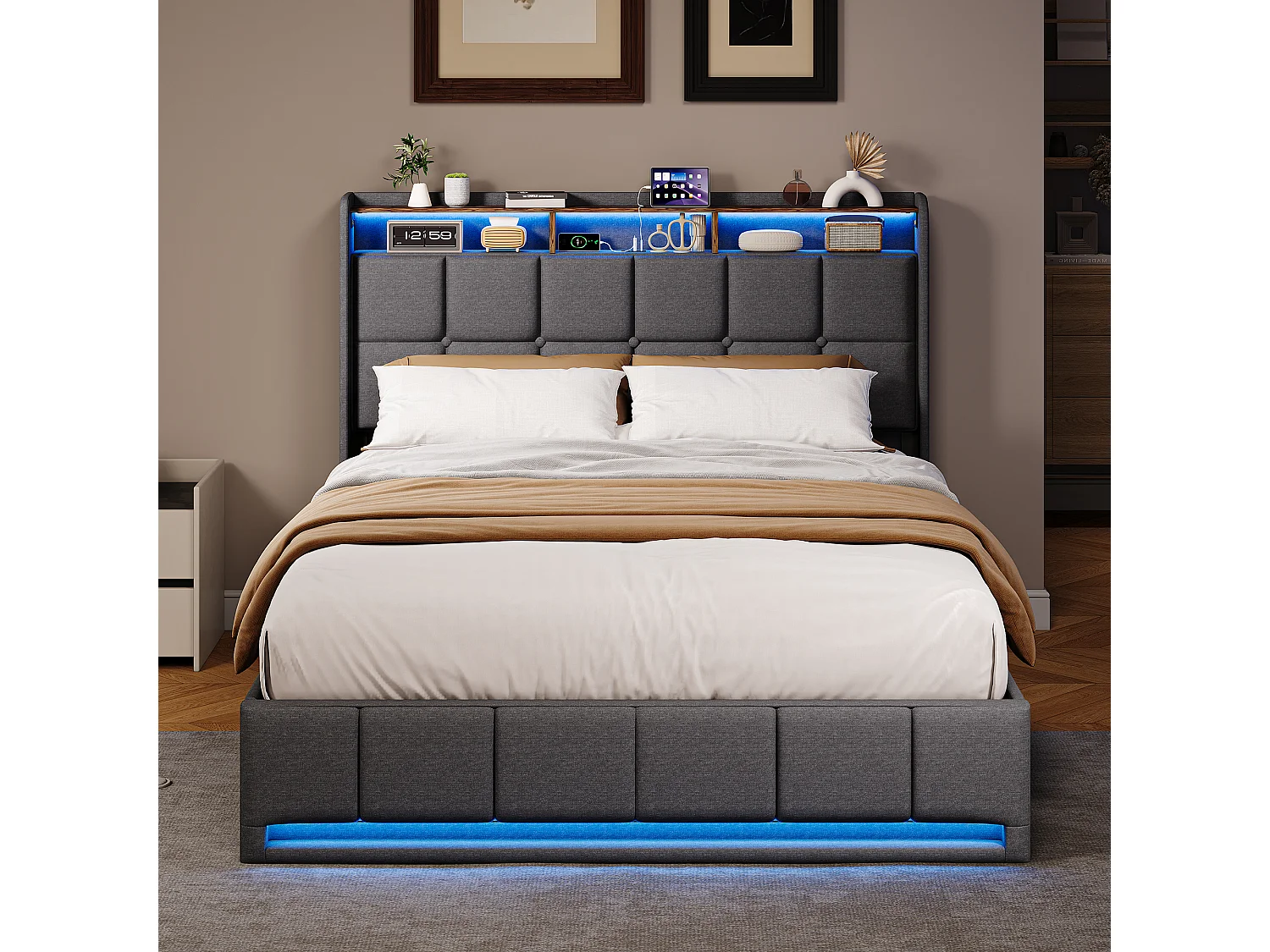 Lit double 160x200cm avec rangement hydraulique - LED et ports USB - Tête de lit avec compartiments de rangement - Lin - Gris