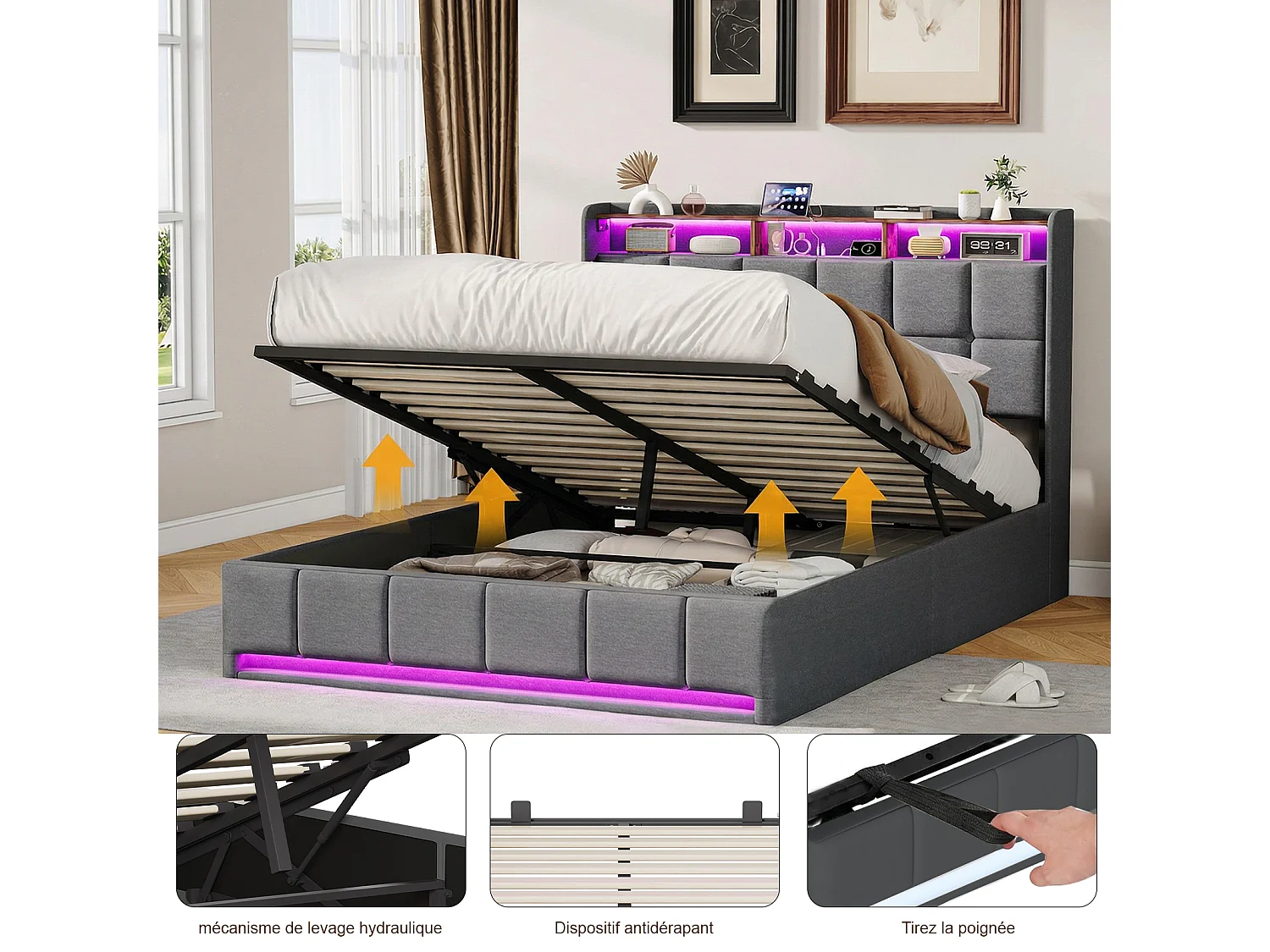 Lit double 160x200cm avec rangement hydraulique - LED et ports USB - Tête de lit avec compartiments de rangement - Lin - Gris