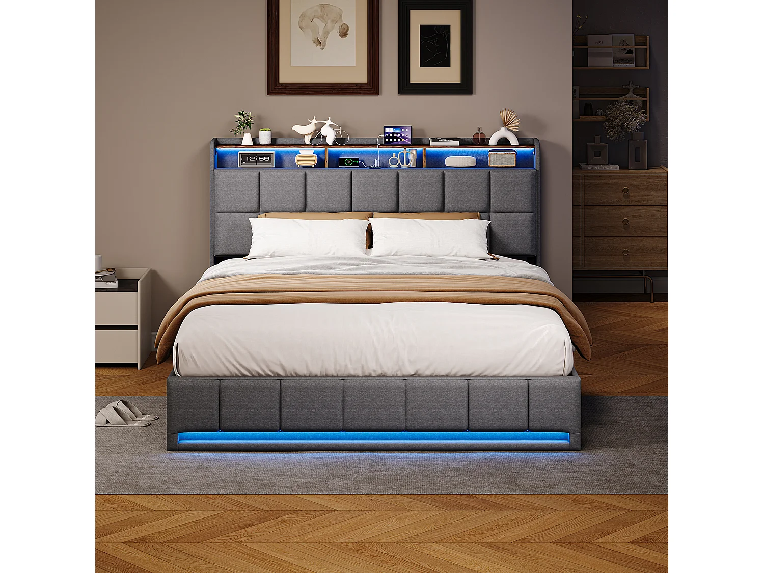 Cama de casal 160x200cm com arrumação hidráulica – entradas LED e USB – cabeceira com compartimentos de arrumação – roupa de cama – cinzento