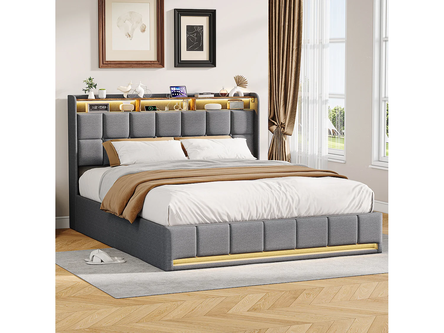 Cama de casal 160x200cm com arrumação hidráulica – entradas LED e USB – cabeceira com compartimentos de arrumação – roupa de cama – cinzento