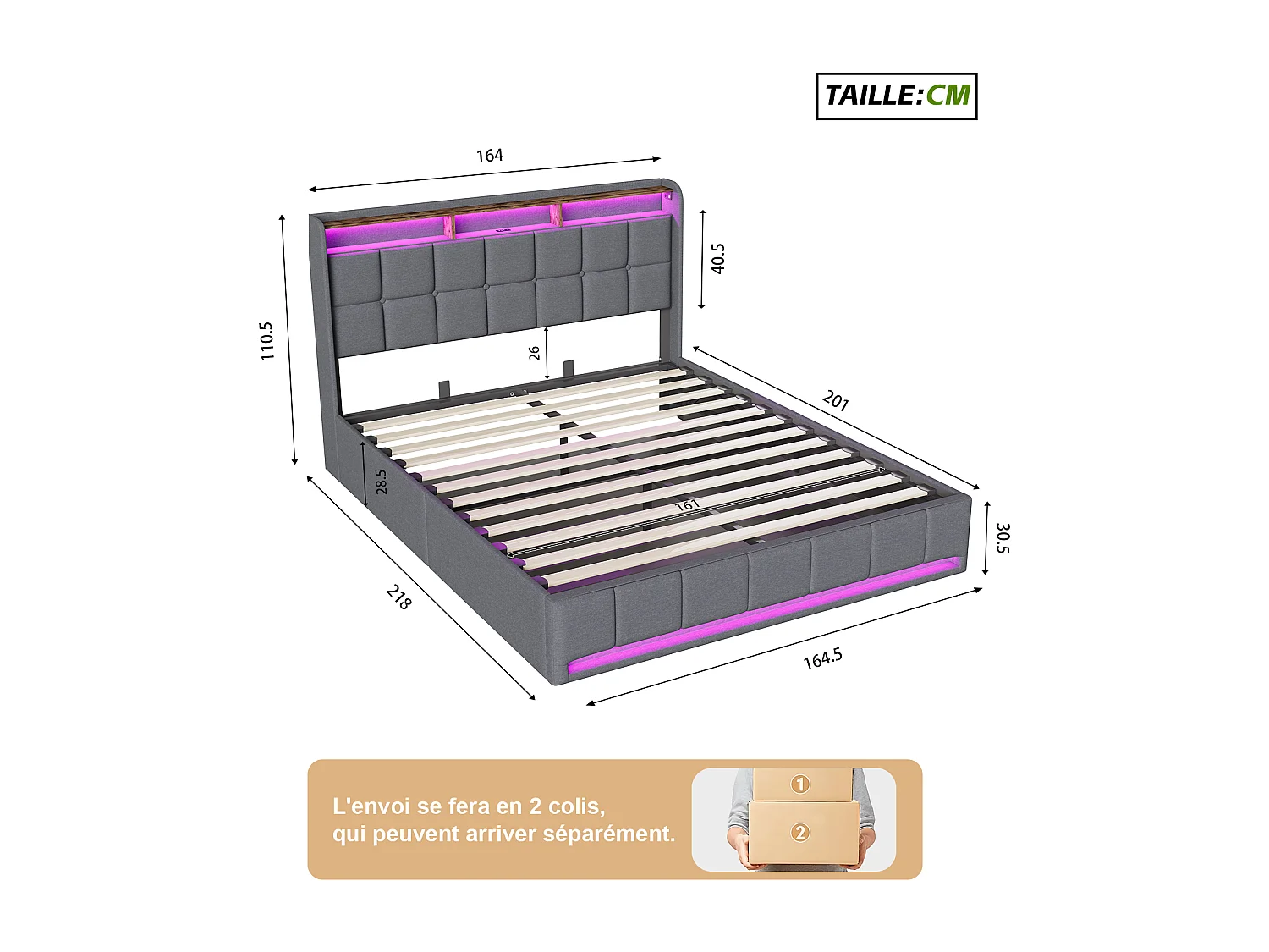 Lit double 160x200cm avec rangement hydraulique - LED et ports USB - Tête de lit avec compartiments de rangement - Lin - Gris