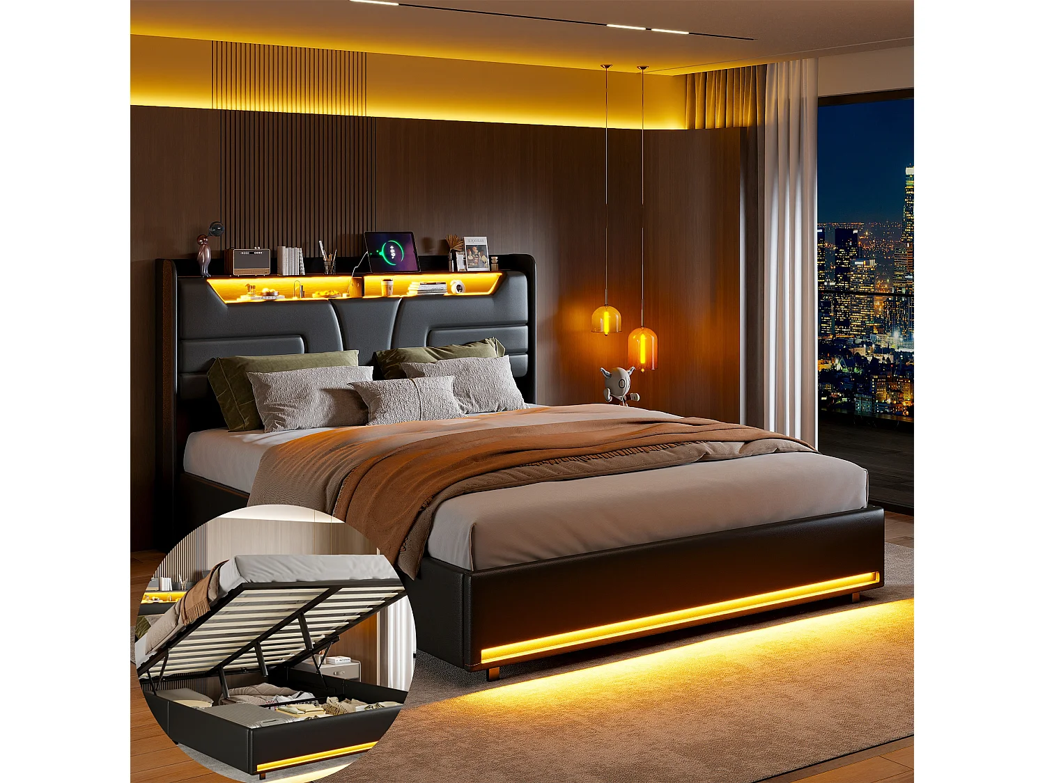 Lit double 140x190cm - Tête de lit avec LED et ports USB - Espace de rangement hydraulique - PU - Noir